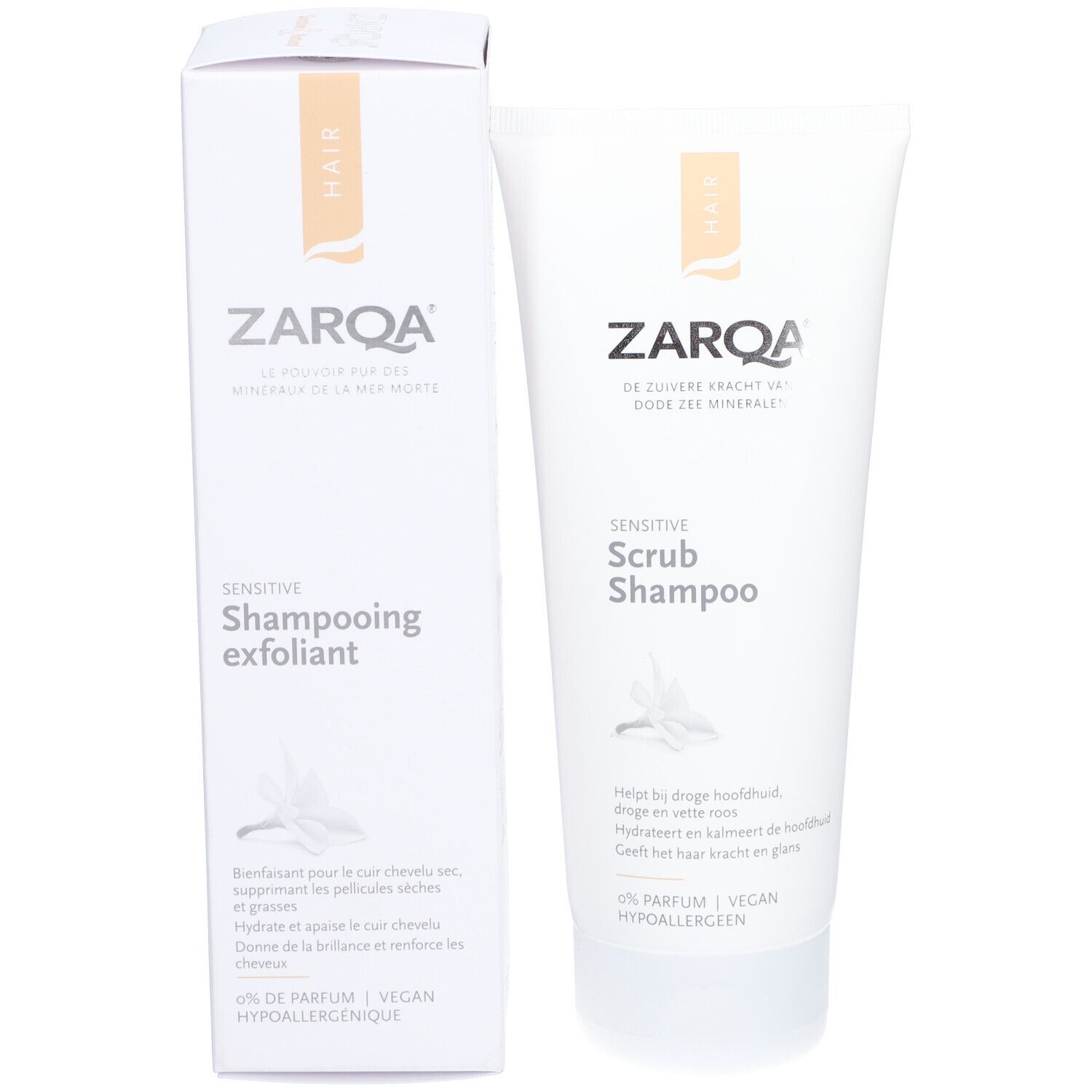 Zarqa Shampooing Sensitive Scrub und Verpackung. Weiß, Produktname, Inhaltsangaben. Vegan, parfümfrei, hypoallergen.