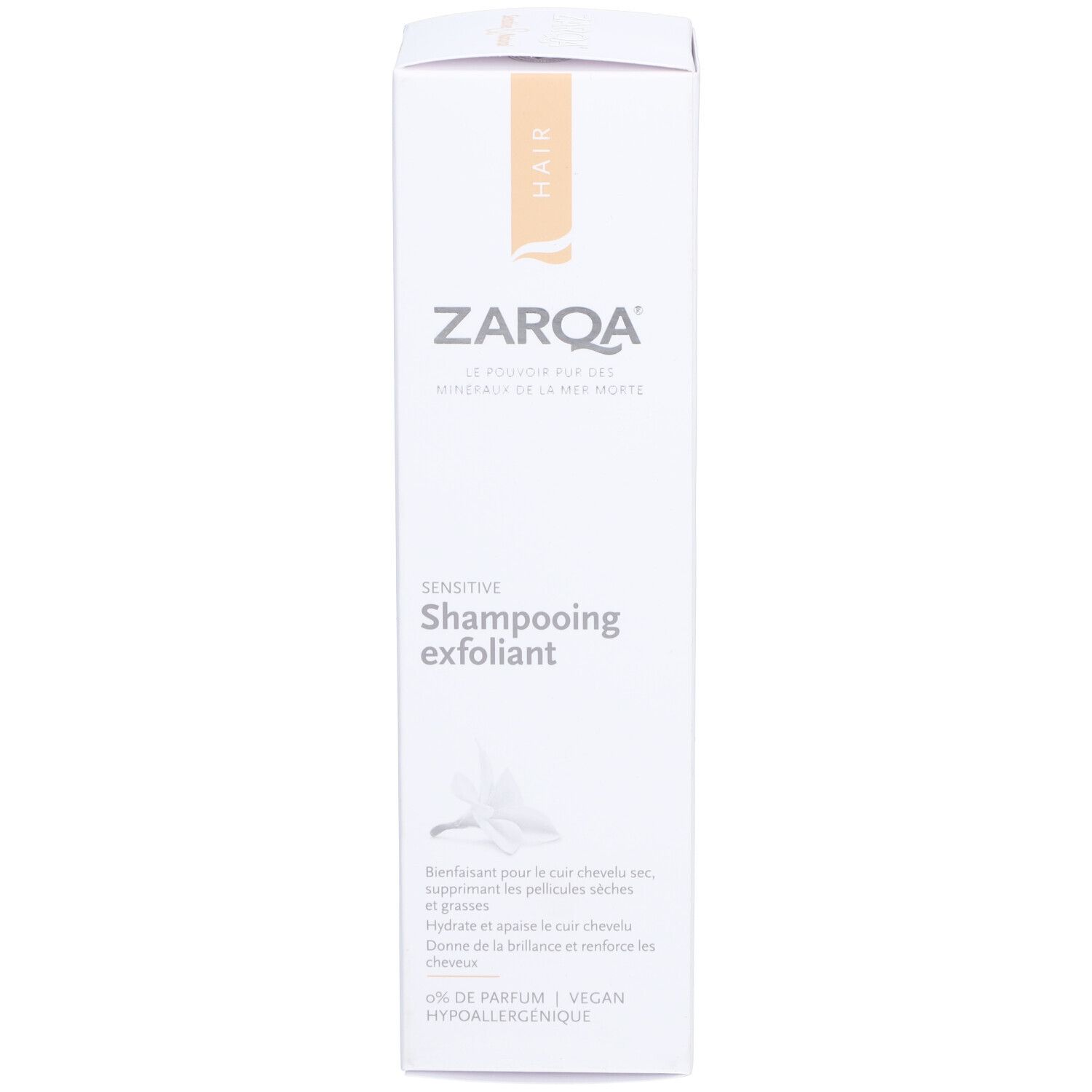 Weiße Verpackung Zarqa Shampooing Sensitive. Produktname, Inhaltsangaben. Vegan, parfümfrei, hypoallergen.