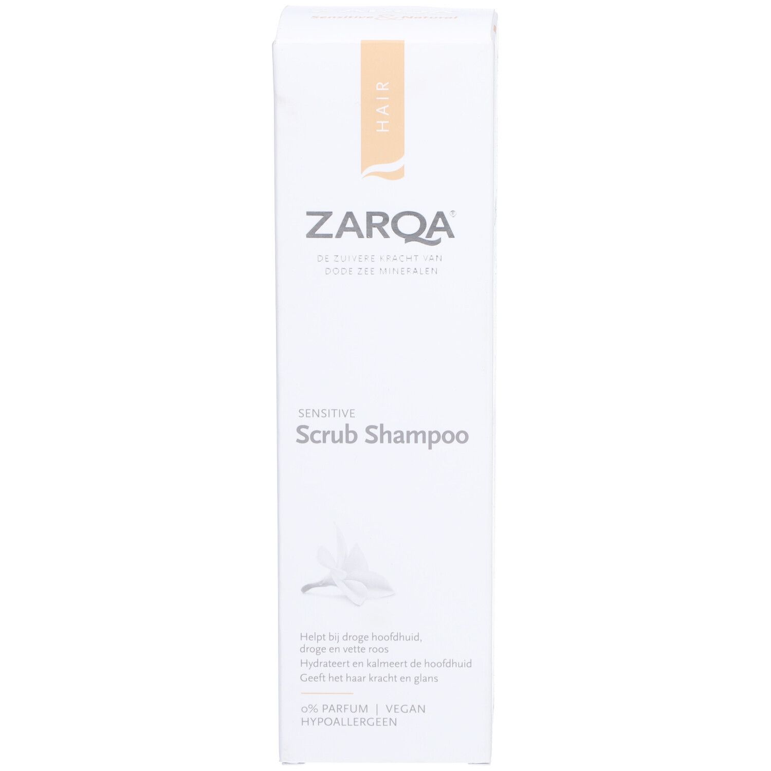 Weiße Verpackung Zarqa Shampooing Sensitive. Produktname, Inhaltsangaben. Vegan, parfümfrei, hypoallergen.