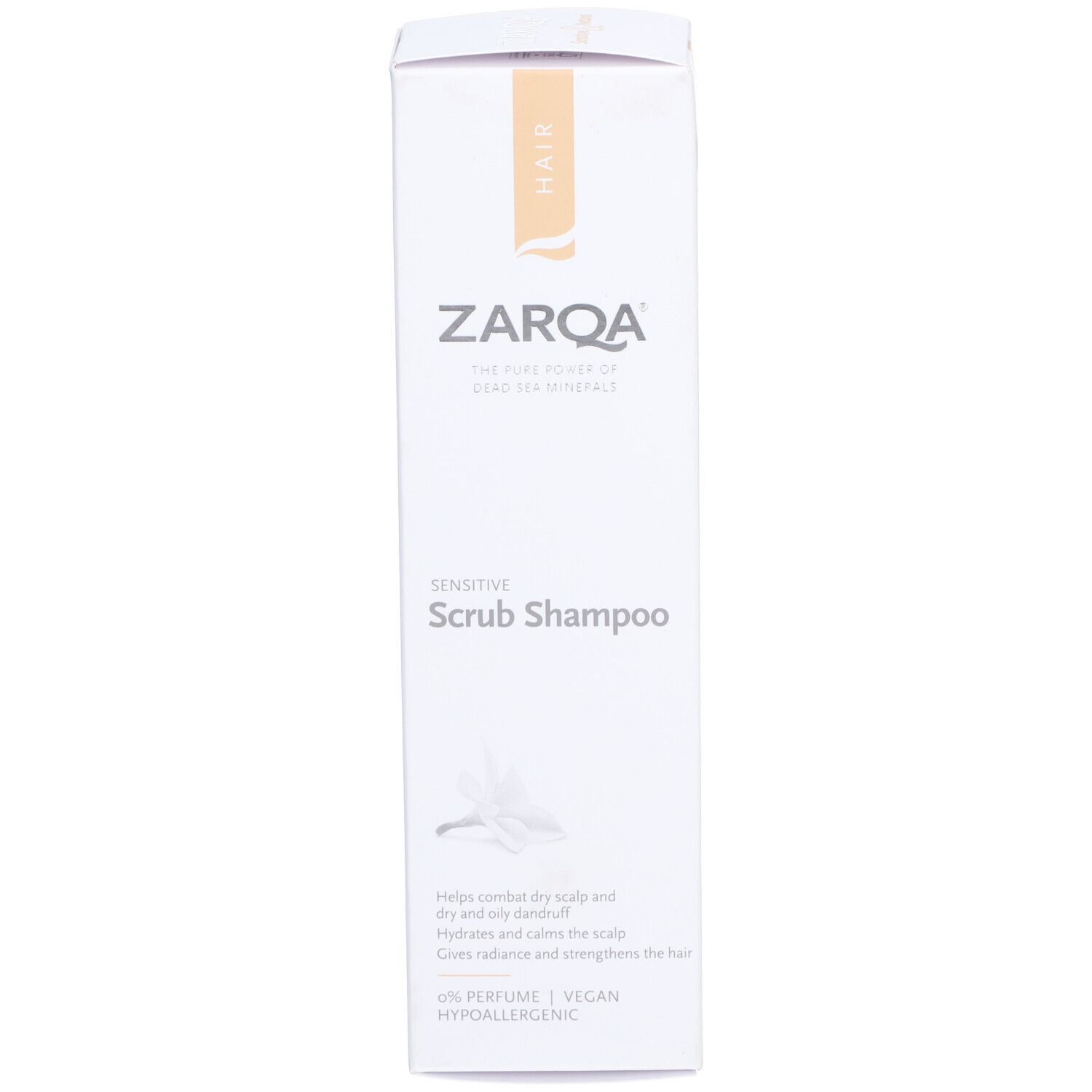 Weiße Verpackung Zarqa Shampooing Sensitive. Produktname, Inhaltsangaben. Vegan, parfümfrei, hypoallergen.