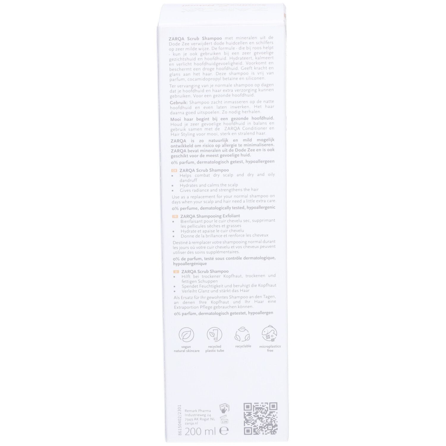 Rückseite der weißen Verpackung Zarqa Shampooing Sensitive. Produktinformationen in mehreren Sprachen, 200 ml.