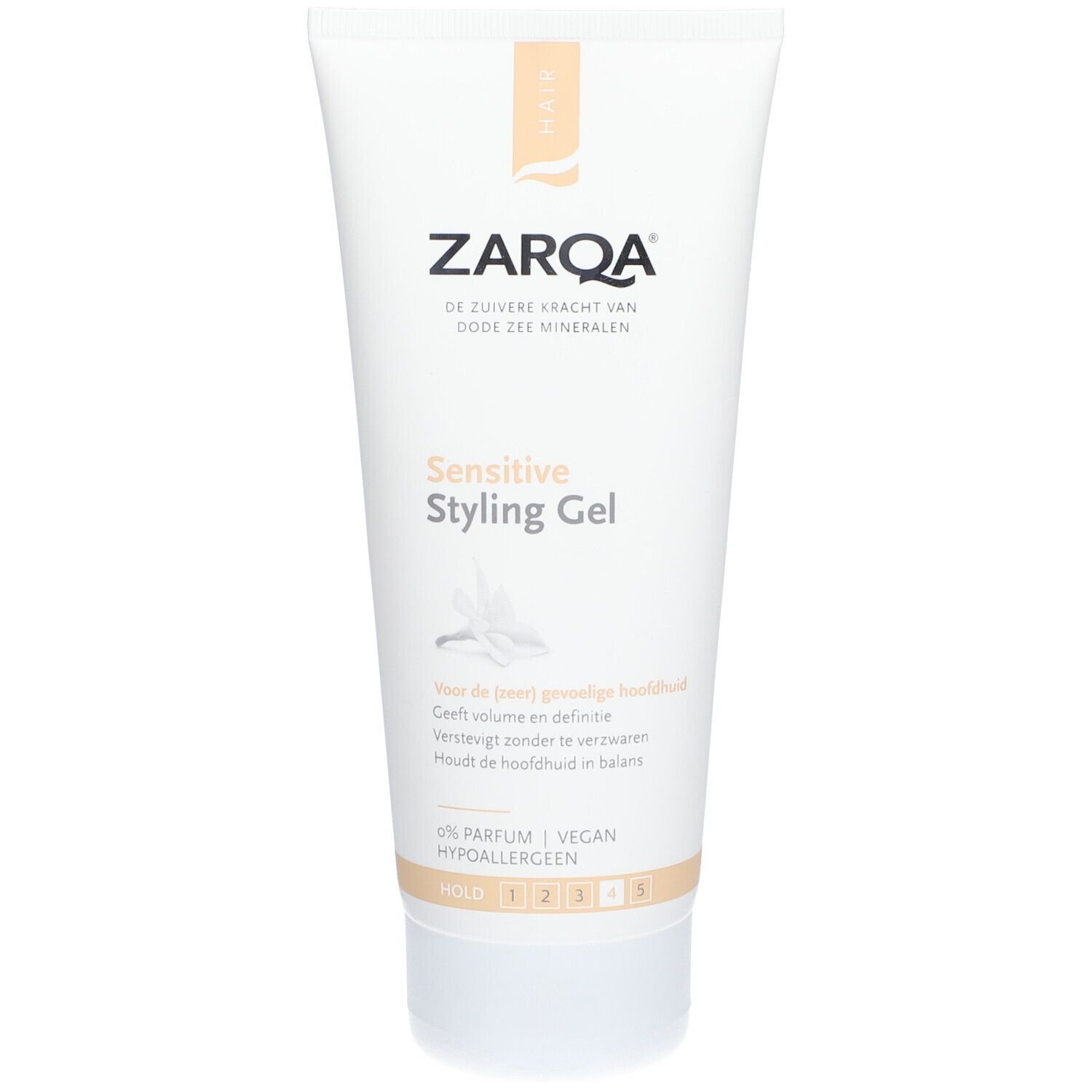 Gel coiffant Sensitive Zarqa. Tube blanc avec texte et motif floral. Nom du produit et informations.