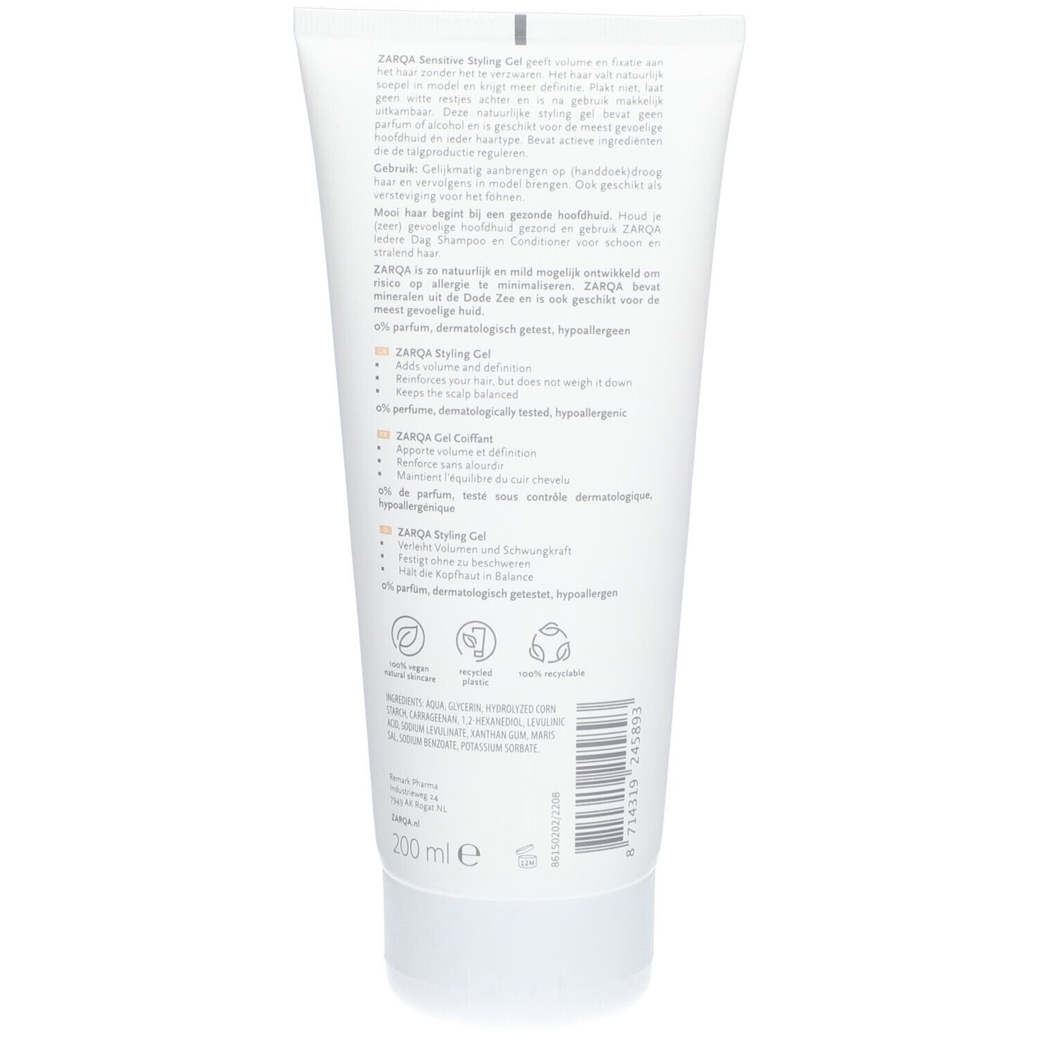 Dos du tube de gel coiffant Sensitive Zarqa. Informations textuelles multilingues. Ingrédients et instructions.