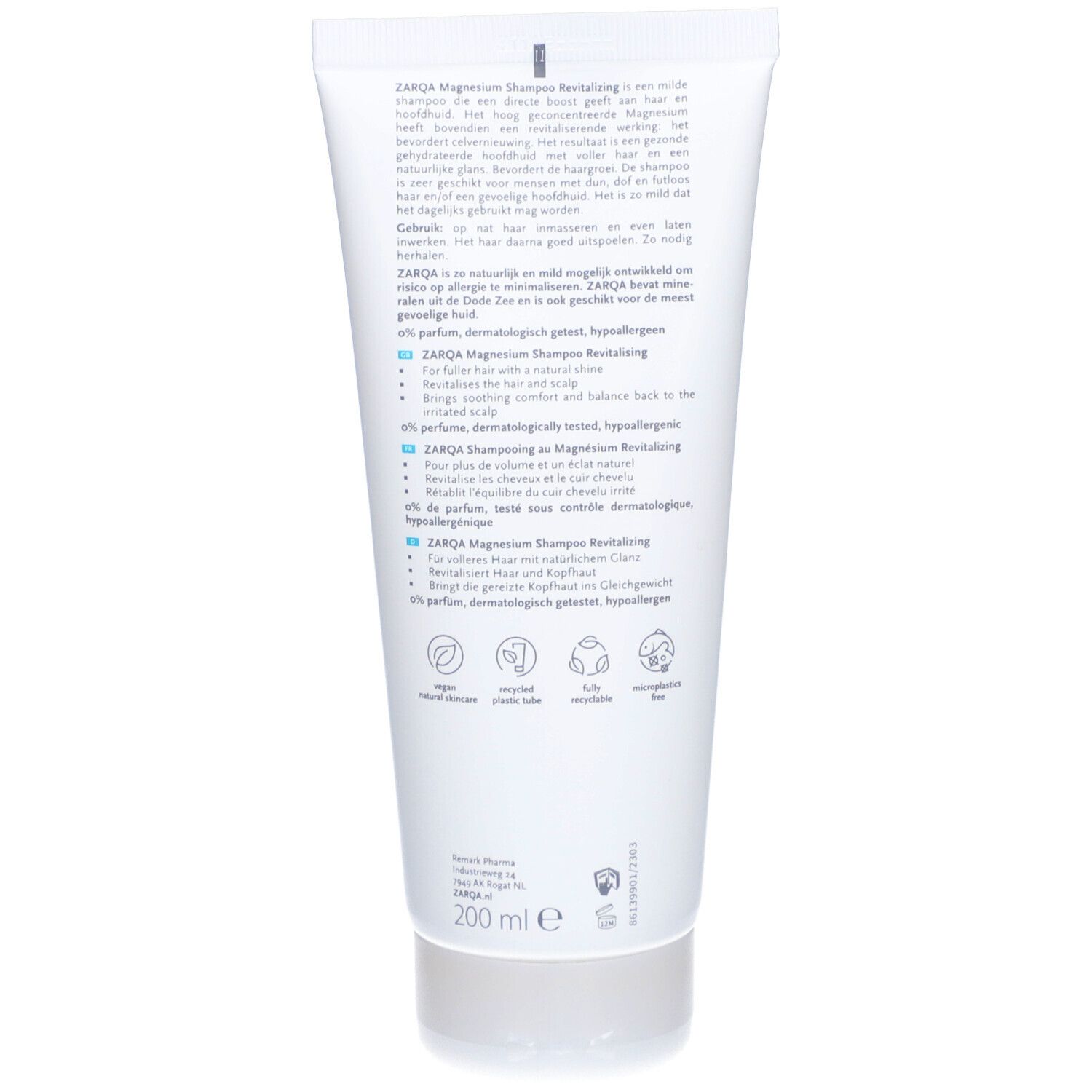 Dos du tube de shampooing Zarqa Magnesium. Texte: Ingrédients, instructions, certifications, 200 ml.