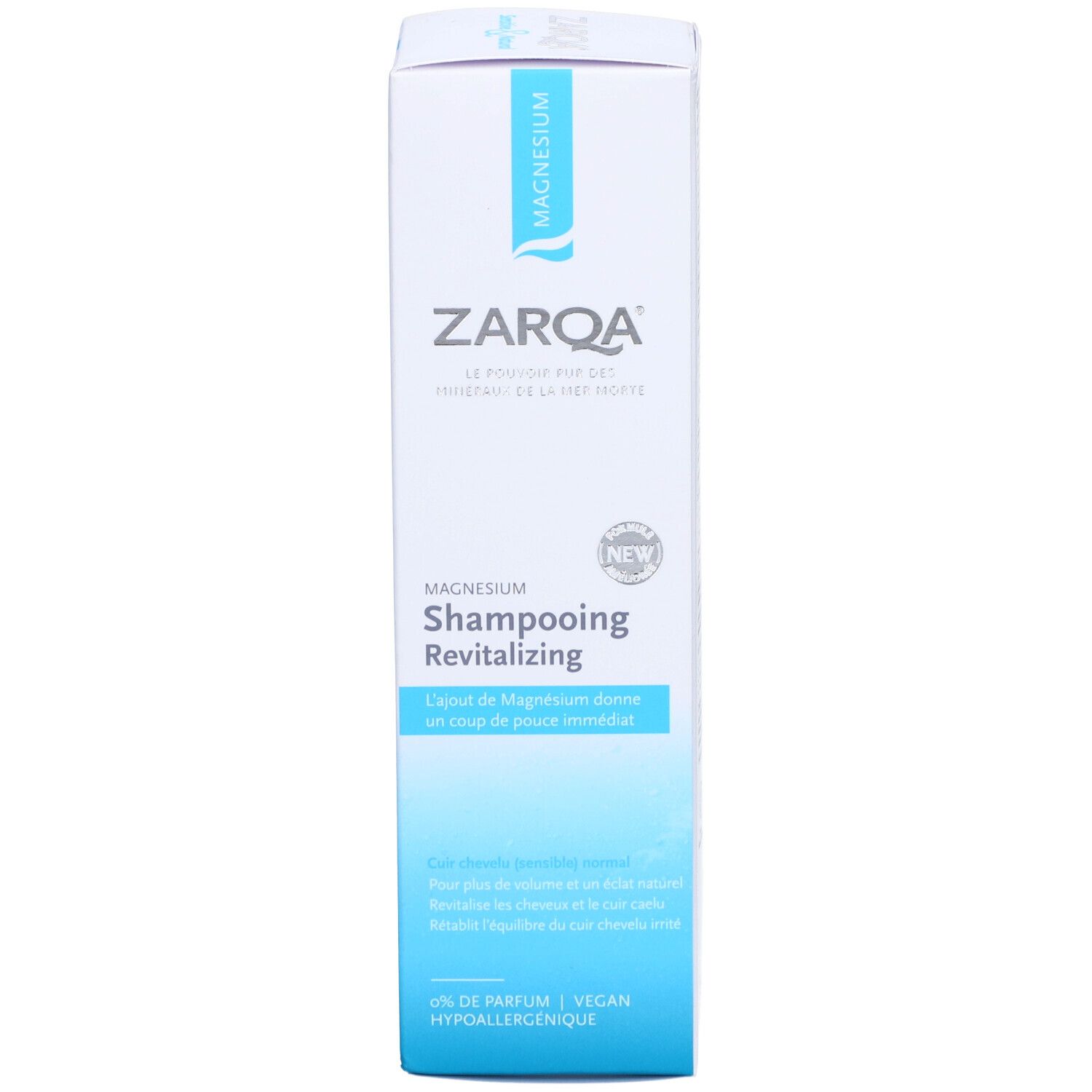 Boîte de shampooing Zarqa Magnesium. Texte: Magnesium, Revitalizing, Extra Magnesium. Pour cheveux normaux.