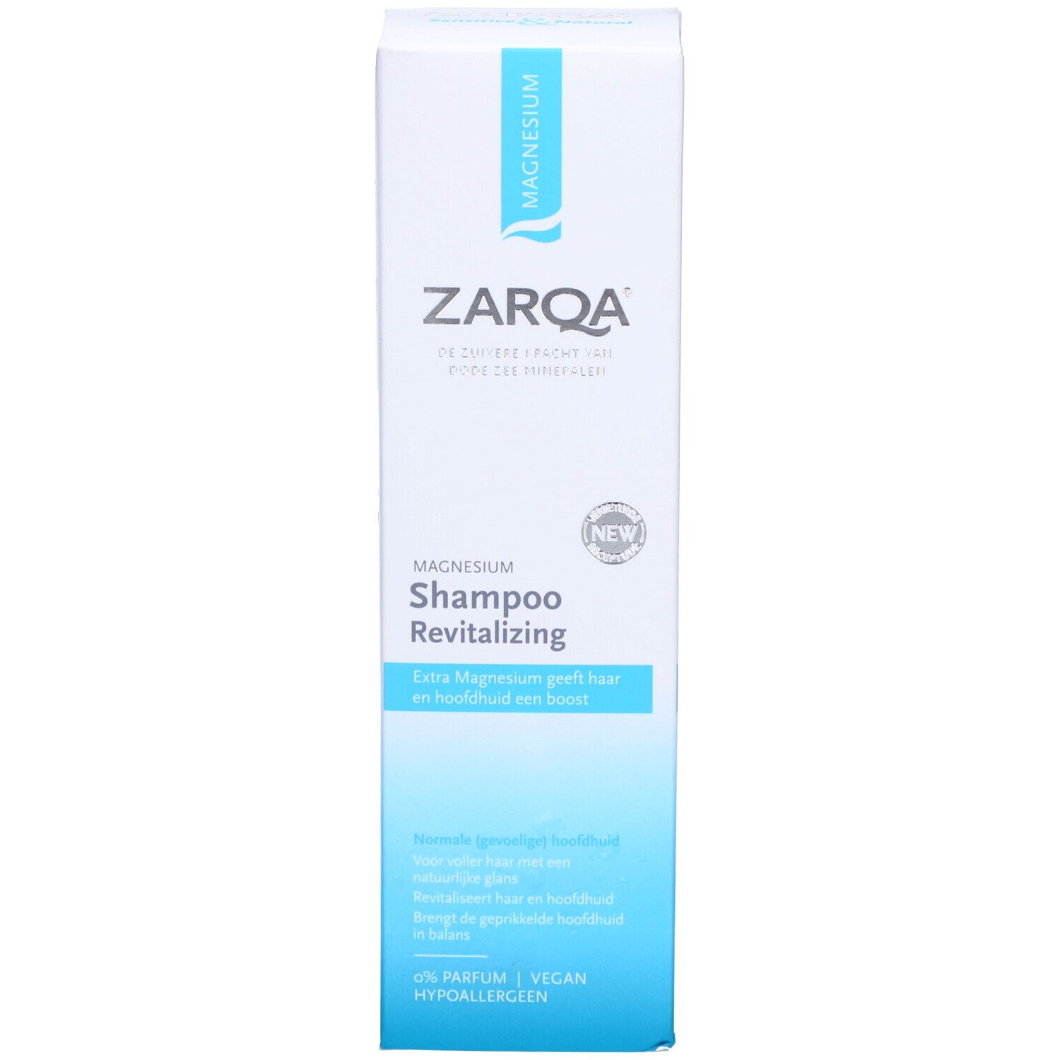 Boîte de shampooing Zarqa Magnesium. Texte: Magnesium, Revitalizing, Extra Magnesium. Pour cheveux normaux.