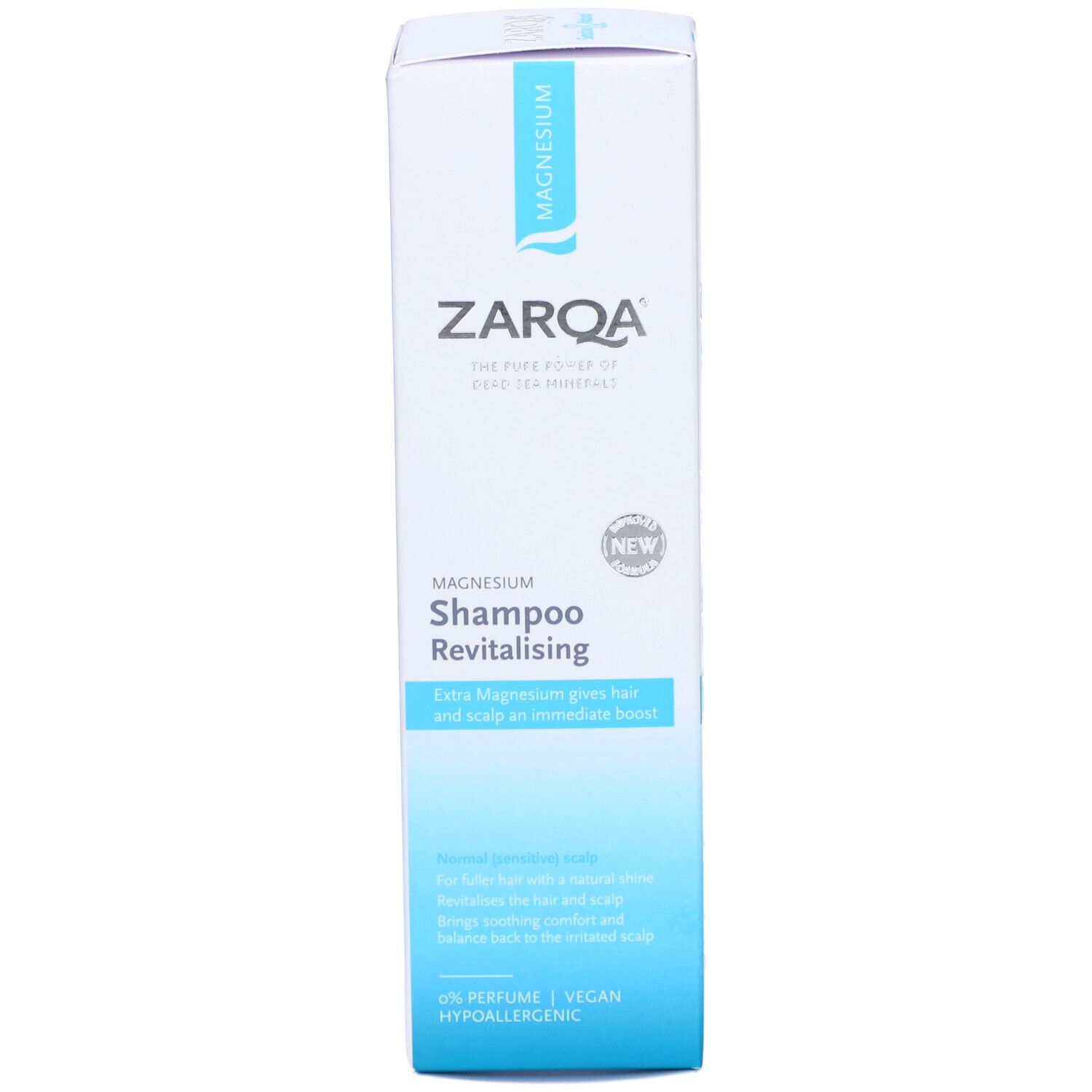 Boîte de shampooing Zarqa Magnesium. Texte: Magnesium, Revitalising, Extra Magnesium. Pour cheveux normaux.