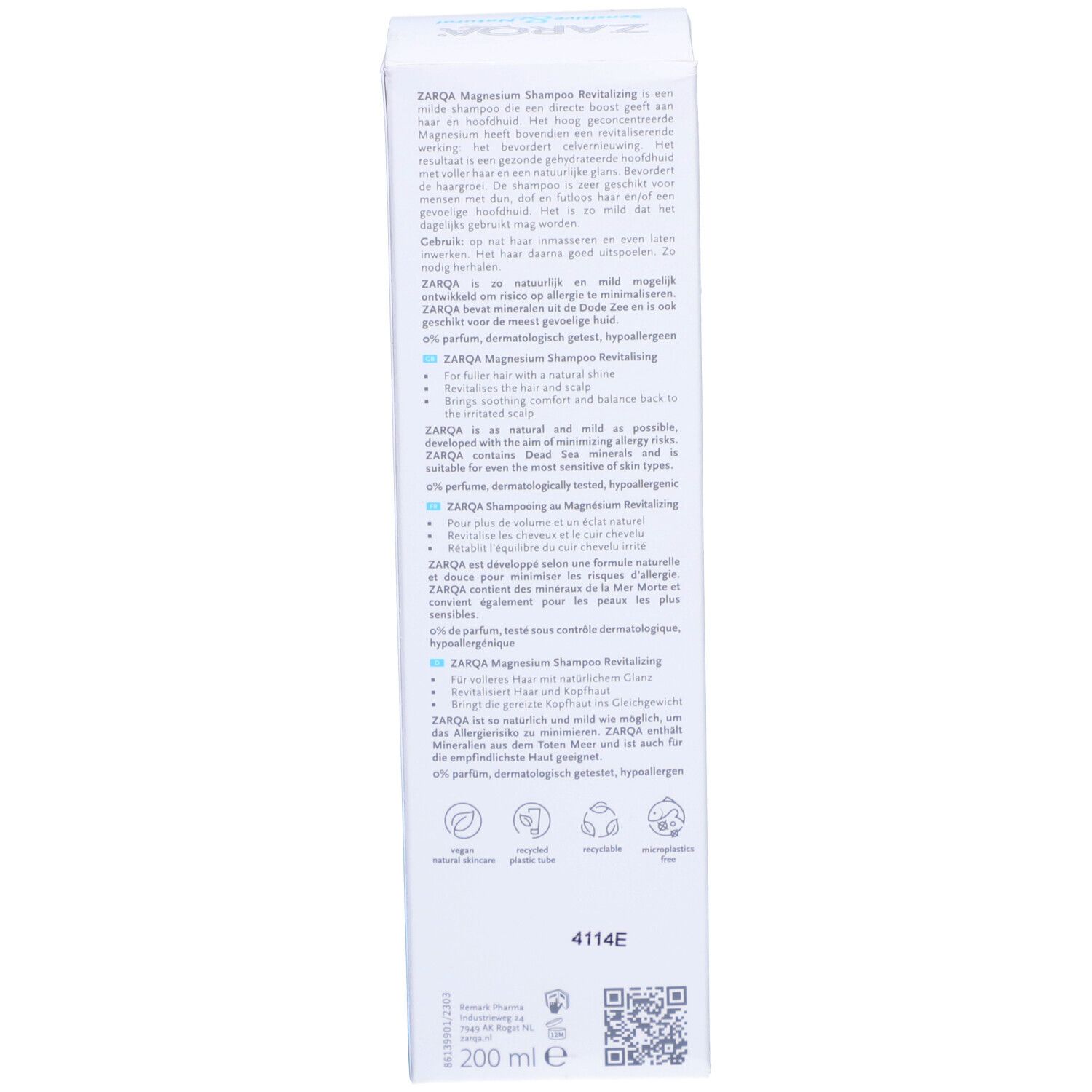 Dos de la boîte de shampooing Zarqa Magnesium. Texte: Ingrédients, instructions, certifications, 200 ml.