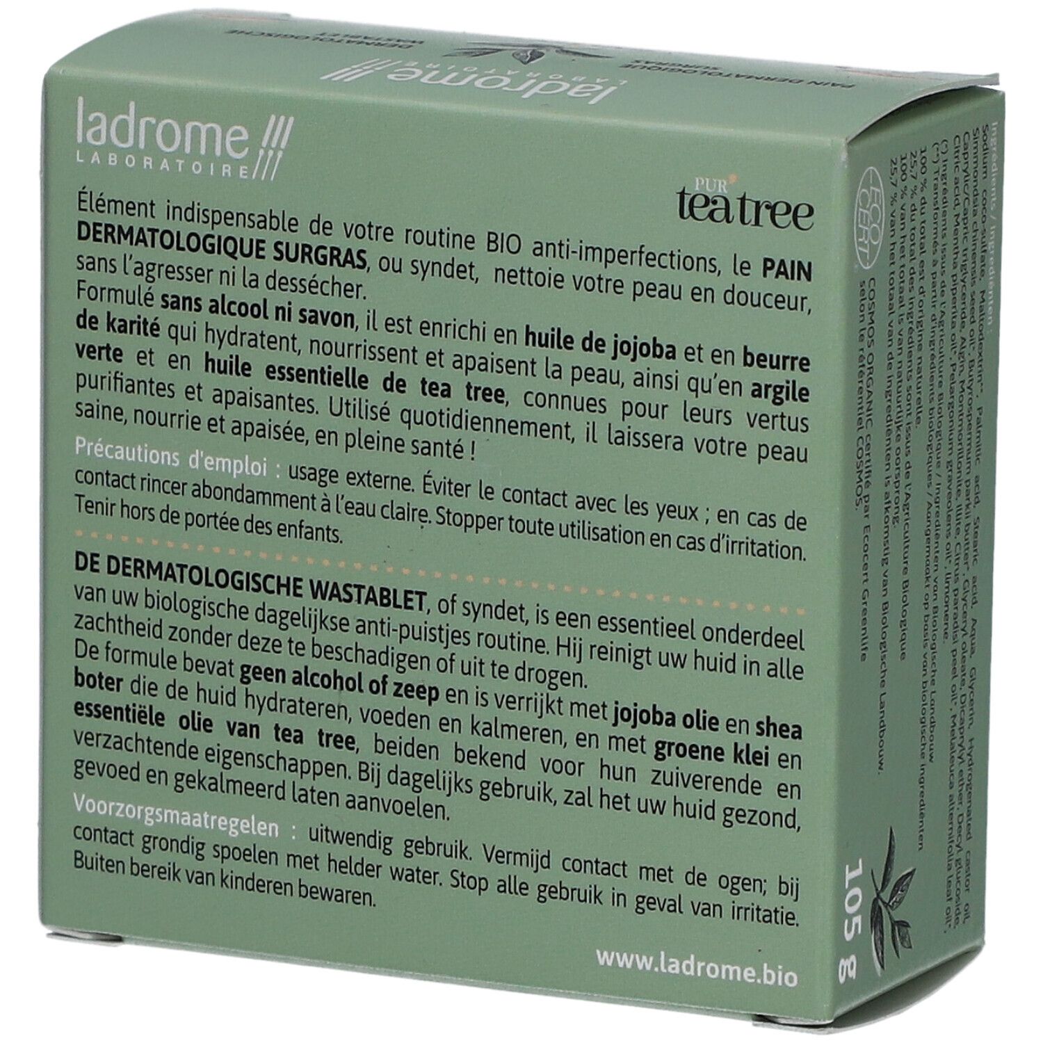 Dos de la boîte verte avec informations sur le produit. Texte : Pur Tea Tree, Pain Dermatologique surgras, Dermatologische wastablet.