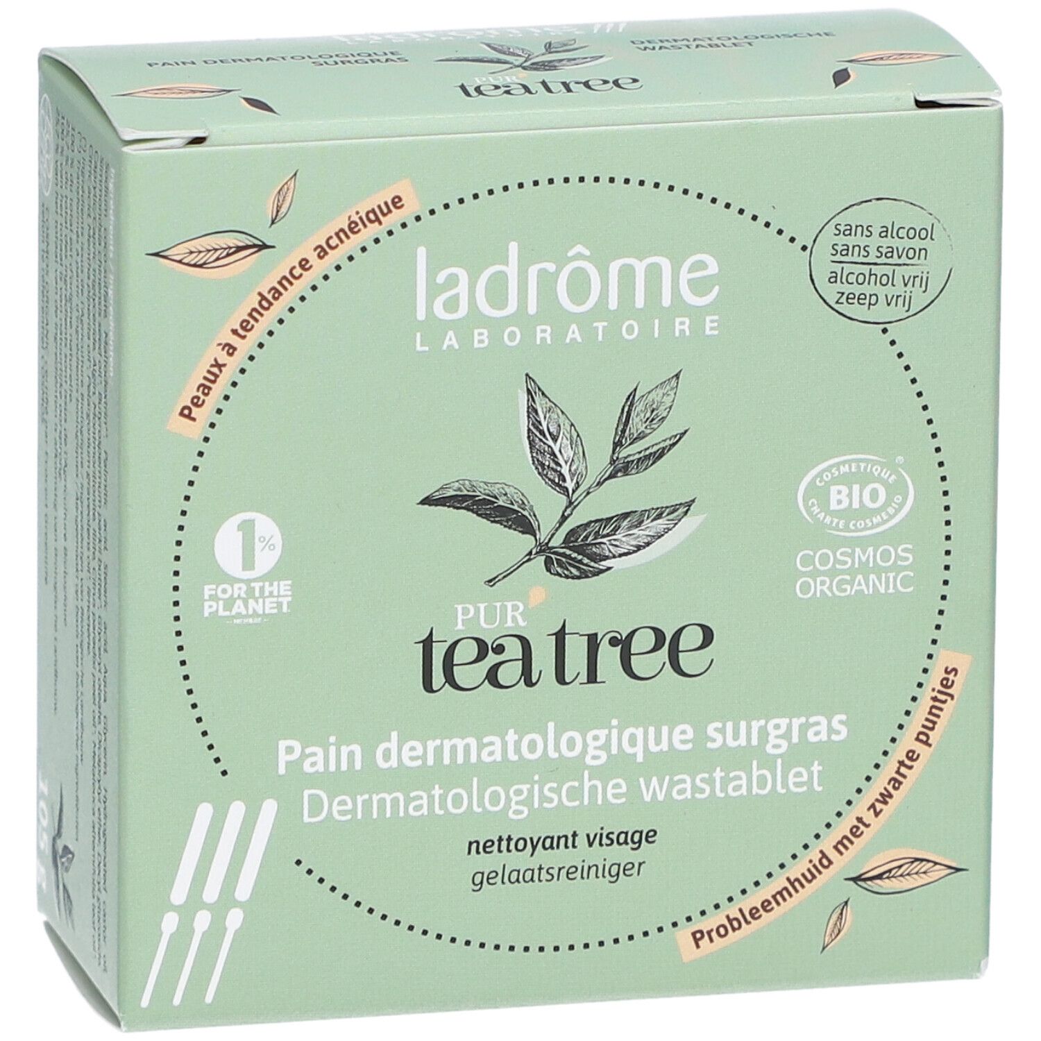Boîte verte avec logo et nom du produit. Texte : Pur Tea Tree, Pain Dermatologique surgras, Dermatologische wastablet.