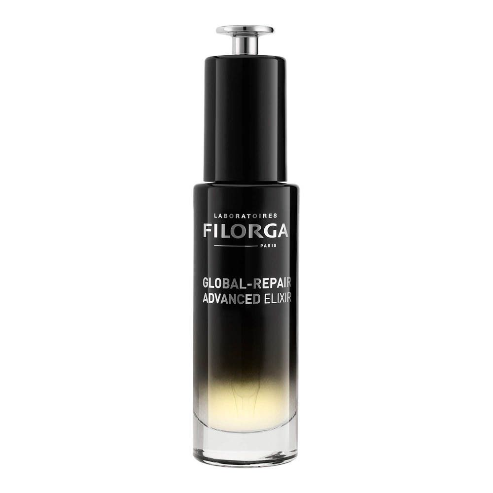 Filorga Global-Repair Advanced Elixier Flasche. Schwarze Flasche mit silbernem Deckel. Produktname und Logo sichtbar.