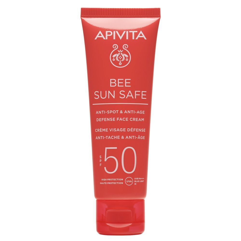 Tube rouge avec texte blanc. Nom du produit: Apivita Bee Sun Safe. SPF 50. Crème solaire visage.