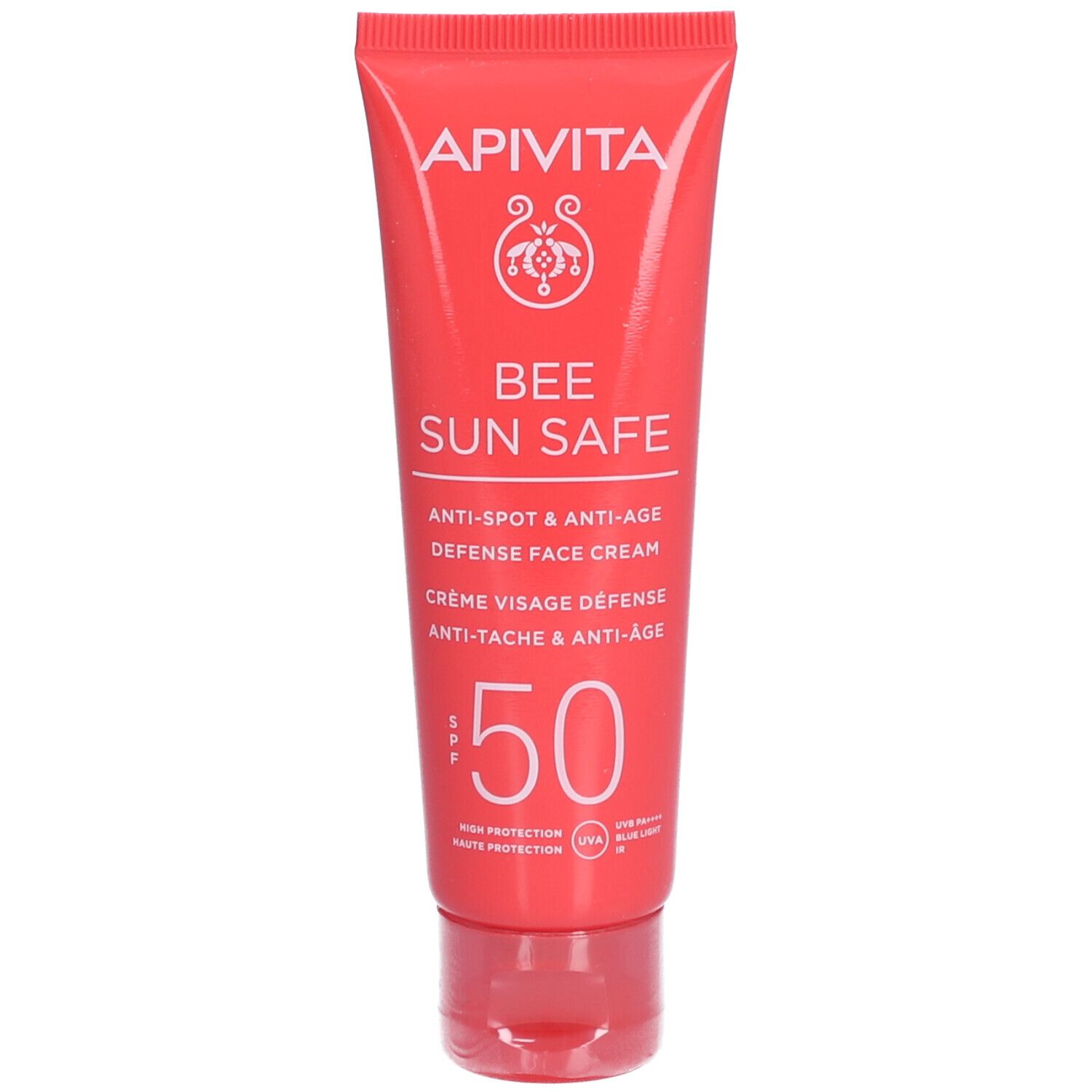 Tube rouge avec texte blanc. Nom du produit: Apivita Bee Sun Safe. SPF 50. Crème solaire visage.