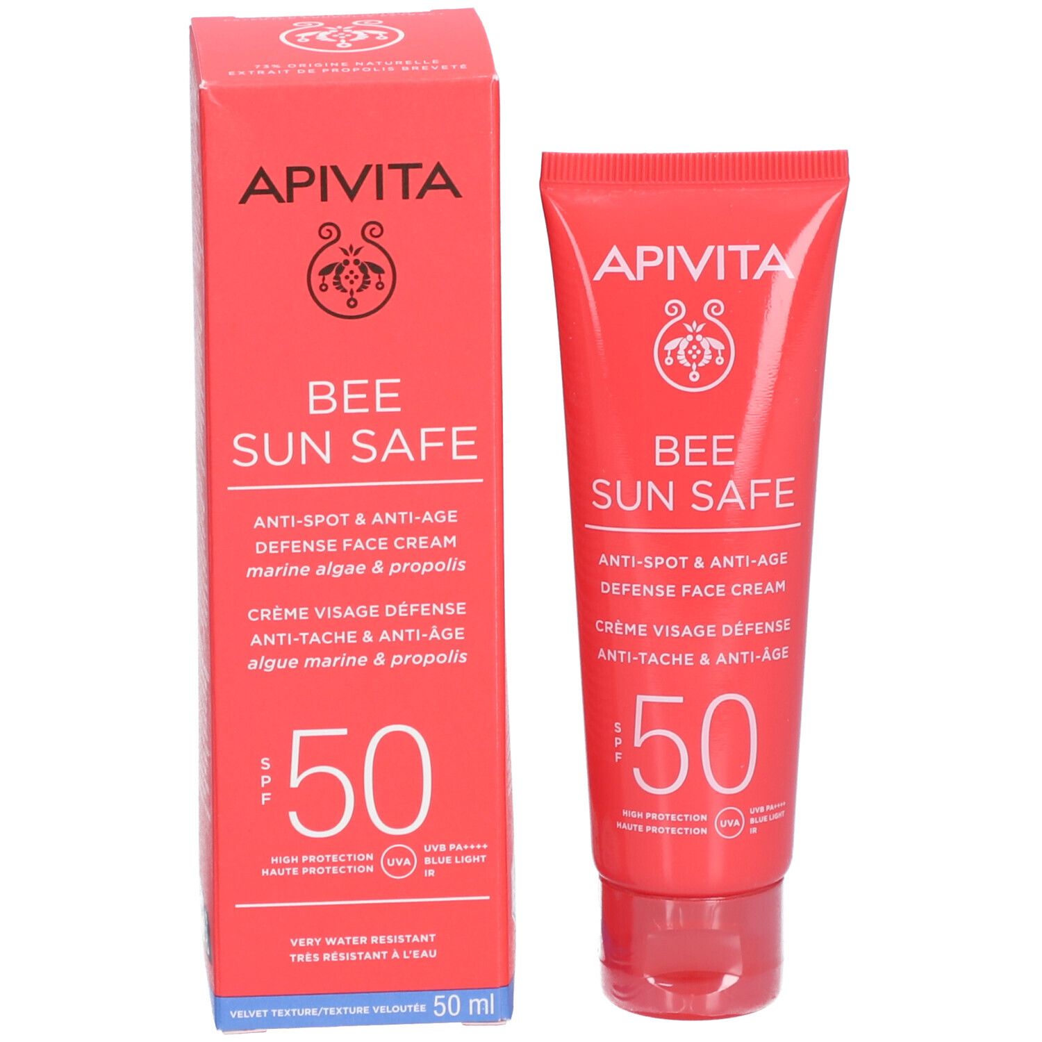Tube et boîte rouges. Nom du produit: Apivita Bee Sun Safe. SPF 50. Crème solaire visage.