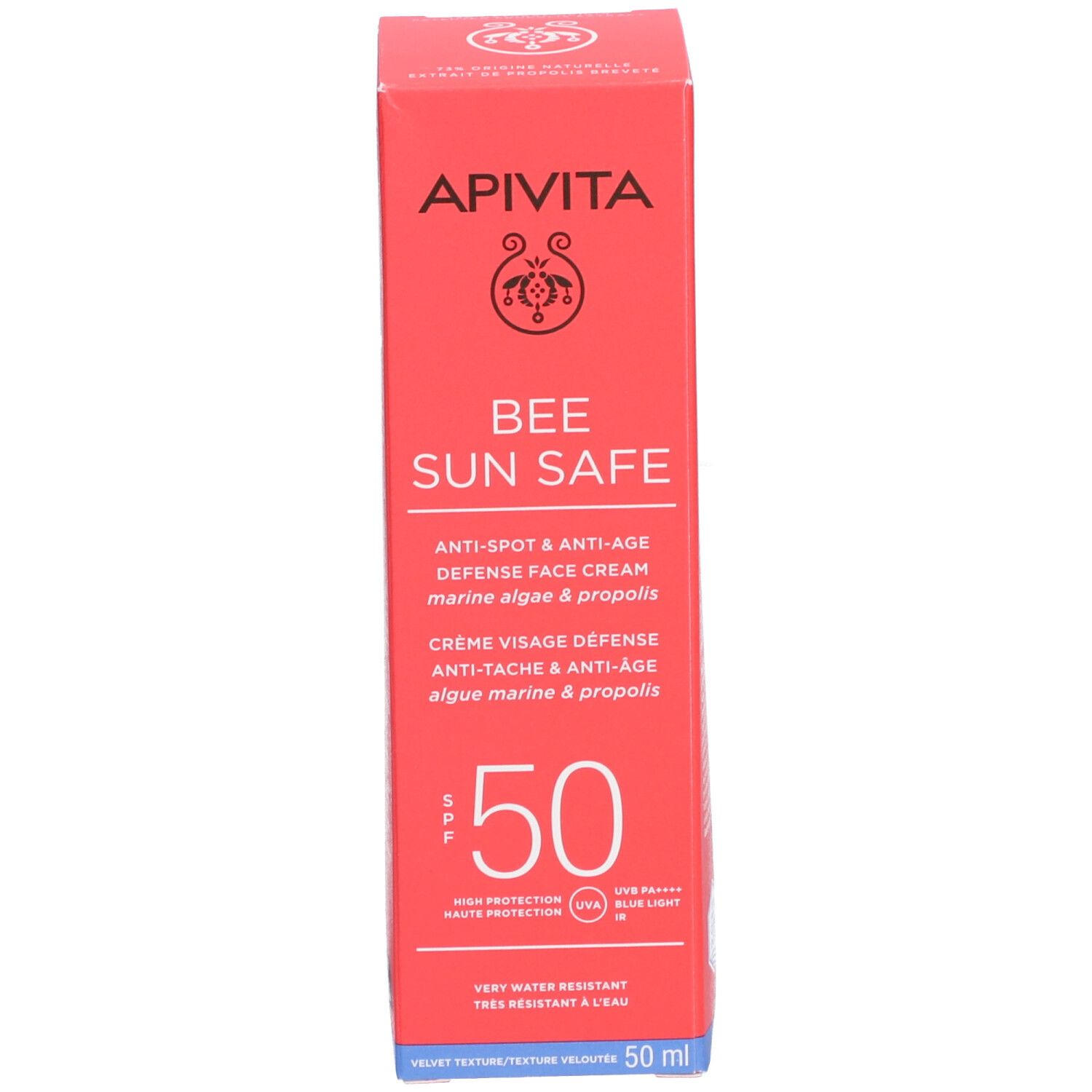 Boîte rouge avec texte blanc. Nom du produit: Apivita Bee Sun Safe. SPF 50. Crème solaire visage.