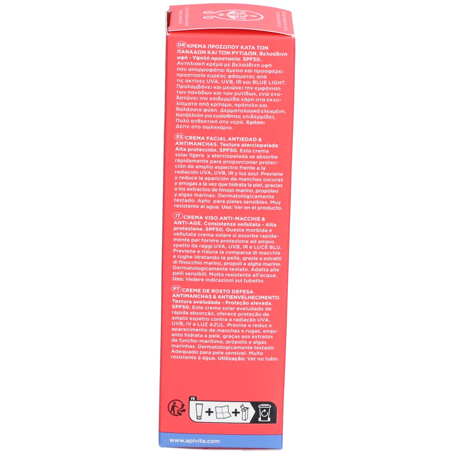 Dos de la boîte rouge. Texte multilingue. Nom du produit: Apivita Bee Sun Safe. SPF 50.