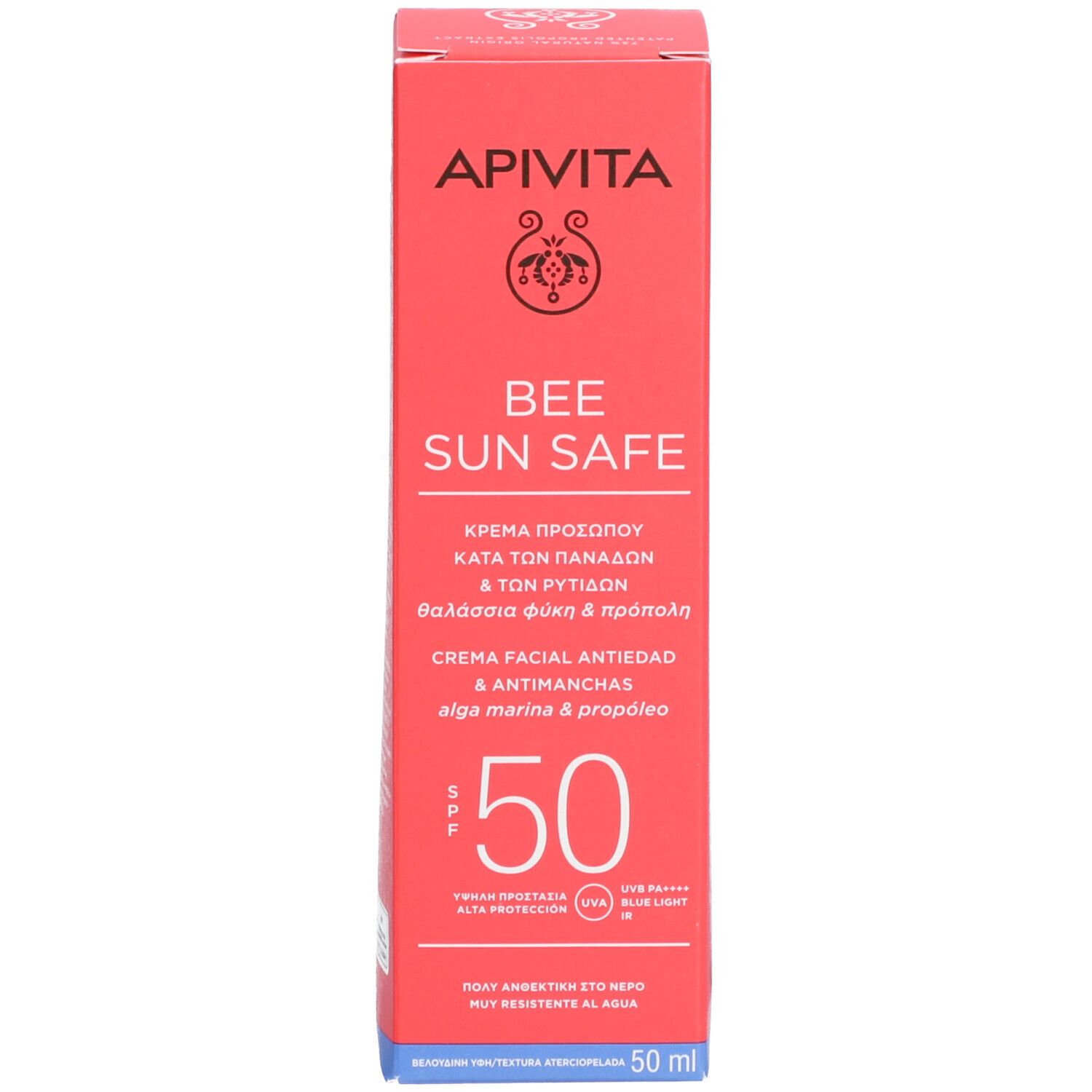 Face avant de la boîte rouge. Nom du produit: Apivita Bee Sun Safe. SPF 50. Crème solaire visage.