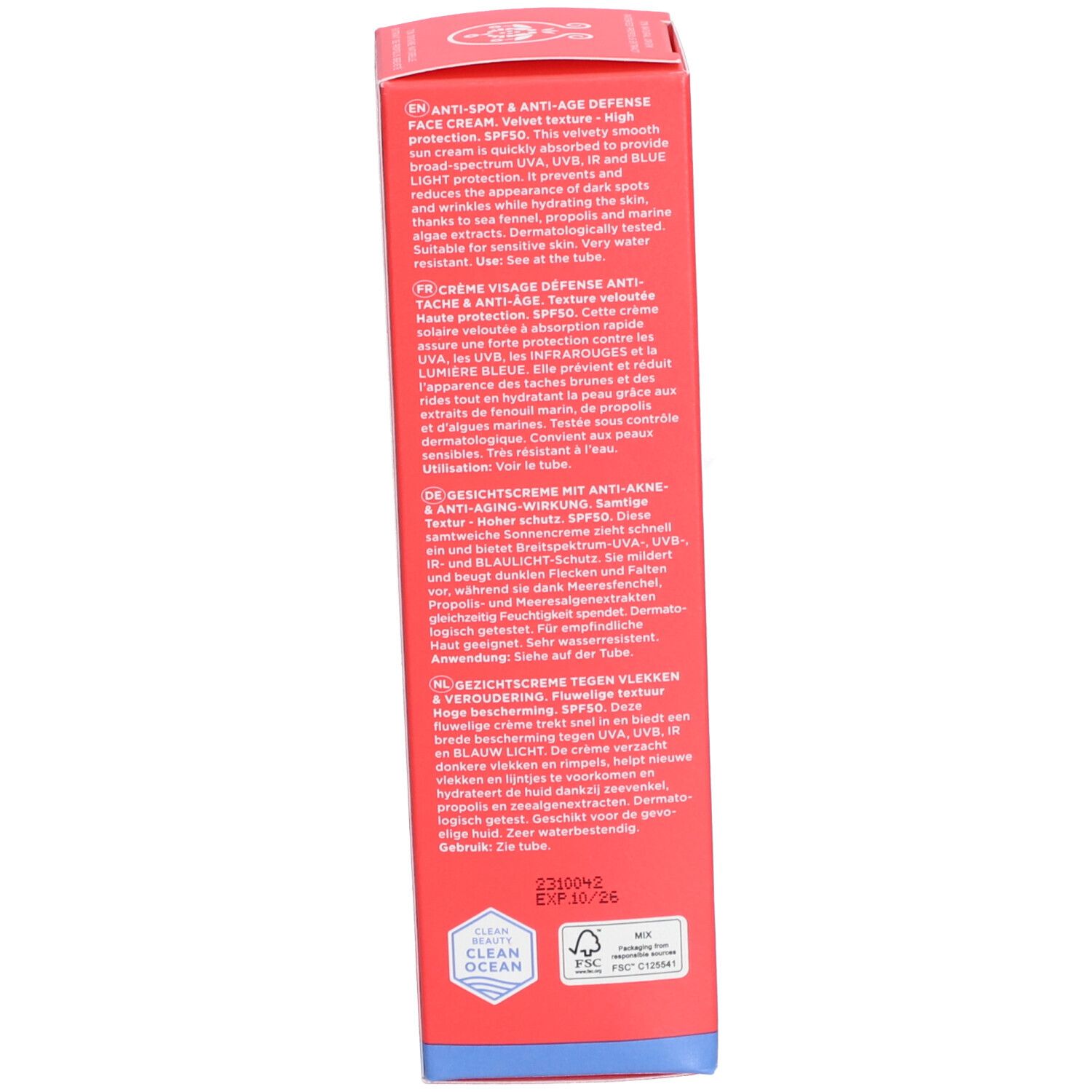Dos de la boîte rouge. Texte multilingue. Nom du produit: Apivita Bee Sun Safe. SPF 50.