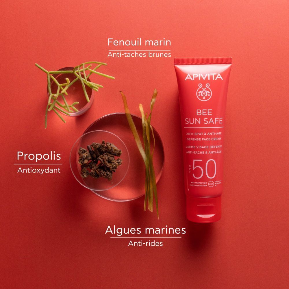 Produit et ingrédients. Tube rouge: Apivita Bee Sun Safe. Algues, propolis, fenouil.