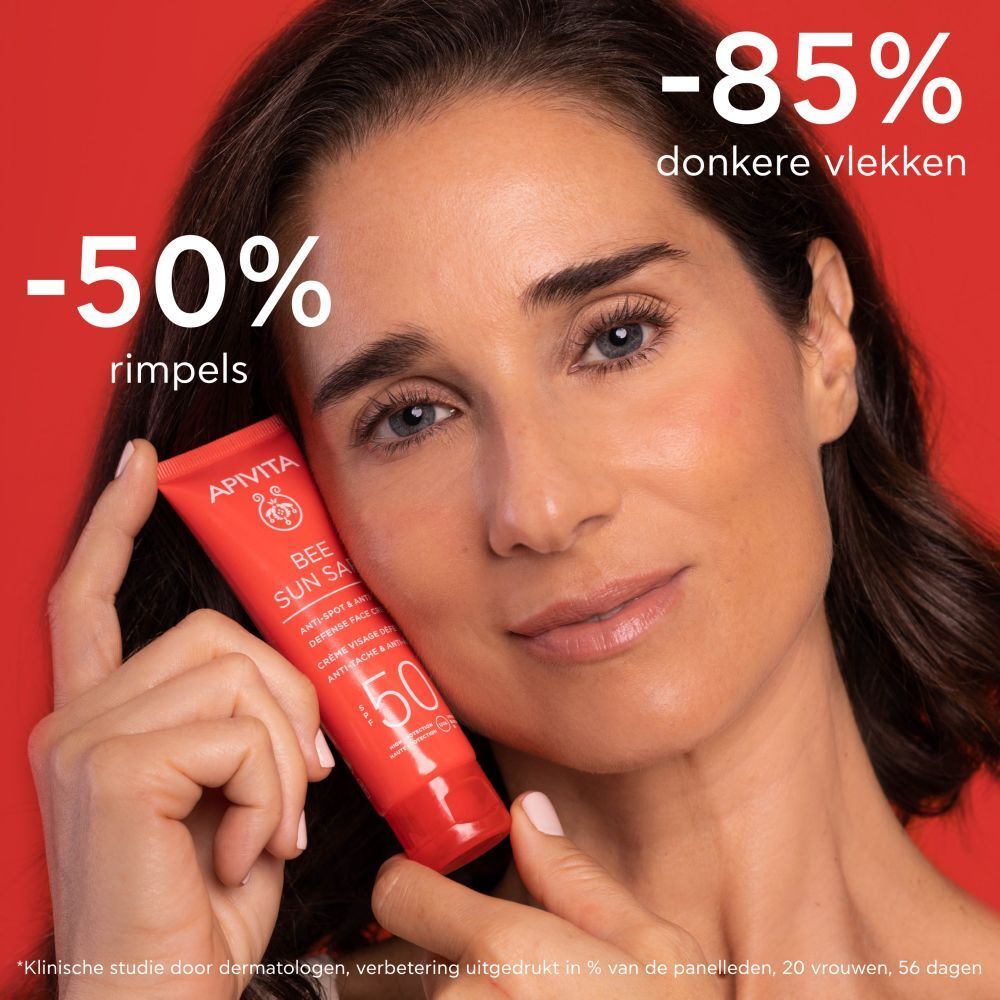 Product en vuilnisbak. Rode tube: Apivita Bee Sun Safe. 100% recyclebaar.