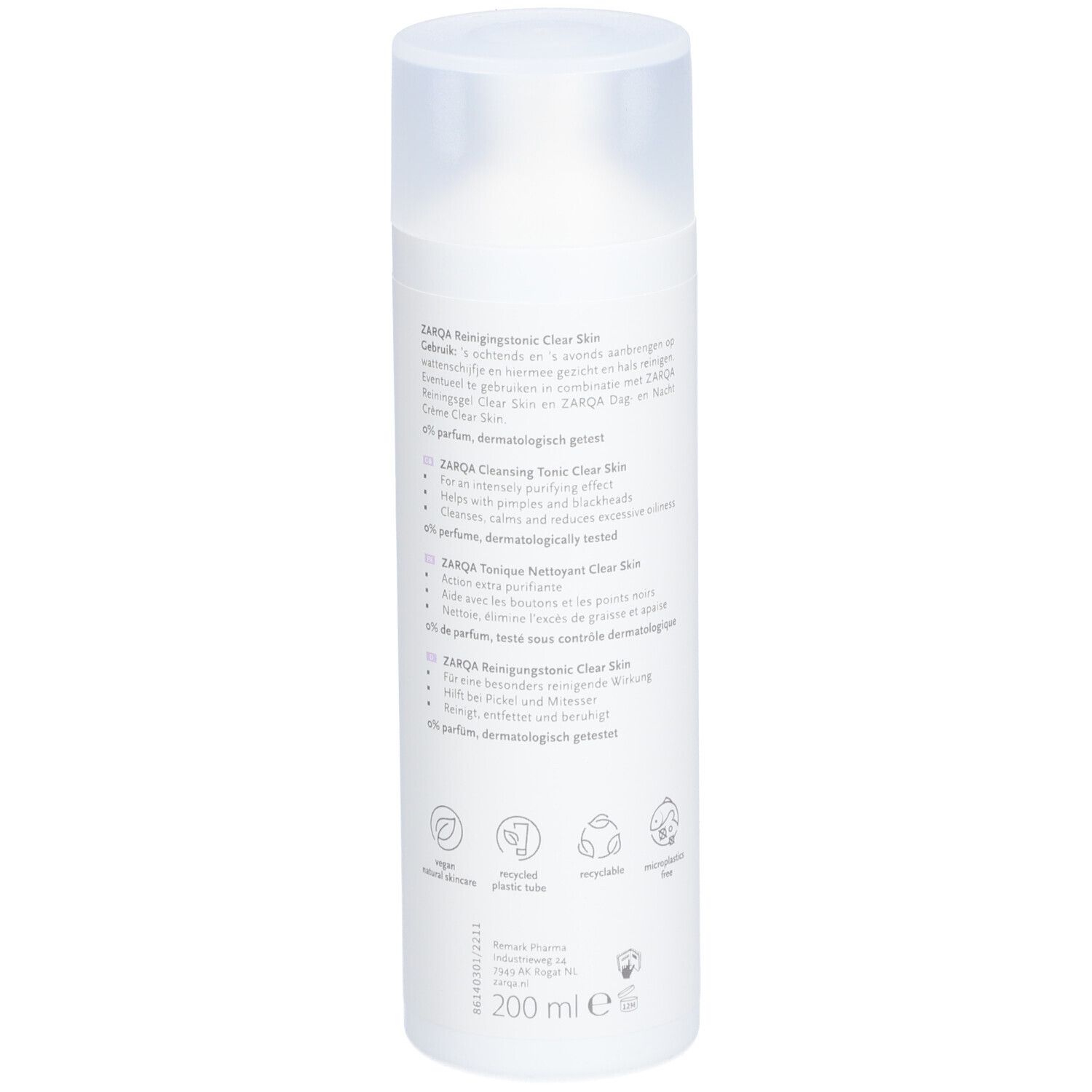 Zarqa Tonic Visage Sensible Clear Skin. Rückseite der Flasche. Text in verschiedenen Sprachen, Logos.