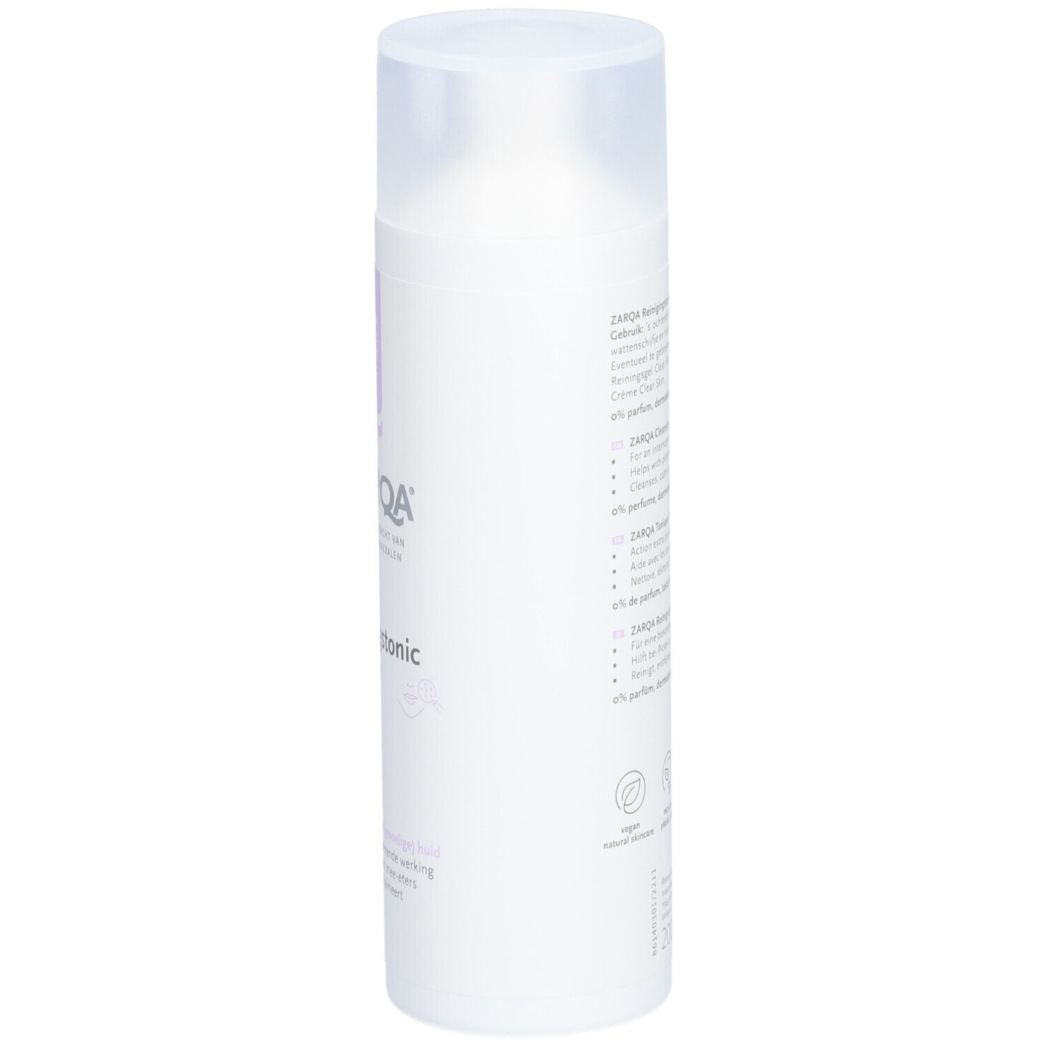 Zarqa Tonic Visage Sensible Clear Skin. Weiße Flasche, schräge Ansicht. Etikett mit Text und Logo.