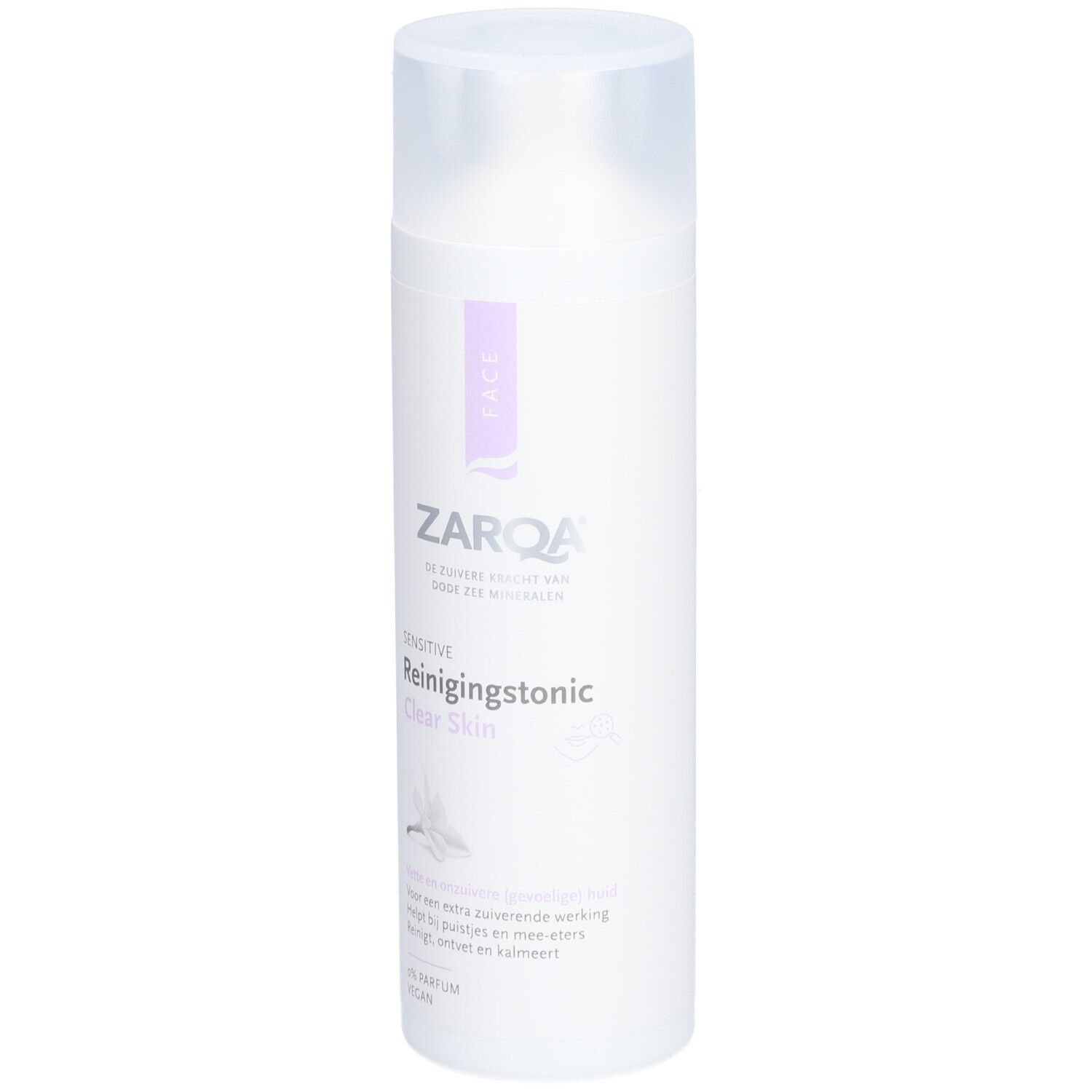 Zarqa Tonic Visage Sensible Clear Skin. Weiße Flasche mit lila Etikett. Produktname und Logo sichtbar.