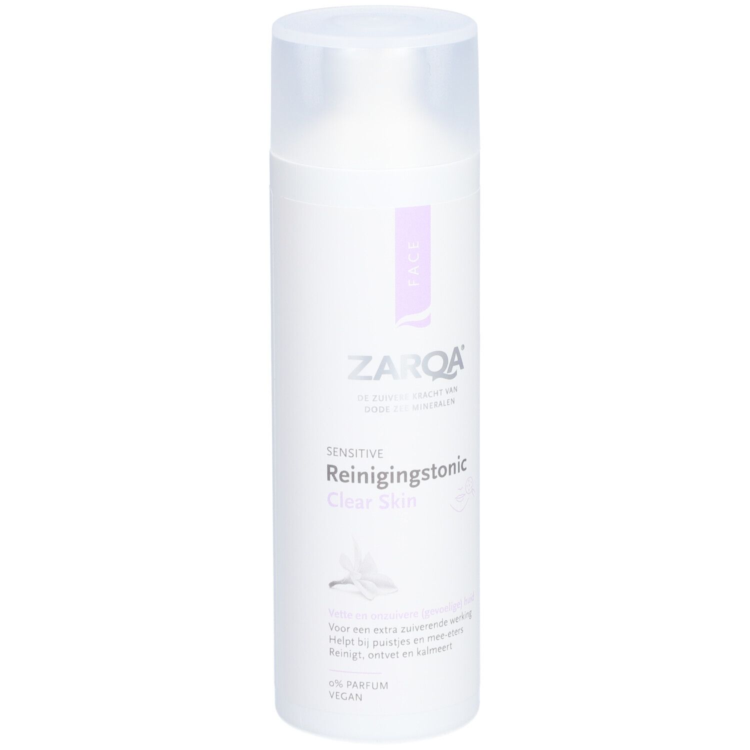 Zarqa Tonic Visage Sensible Clear Skin. Weiße Flasche mit lila Etikett. Produktname und Logo sichtbar.
