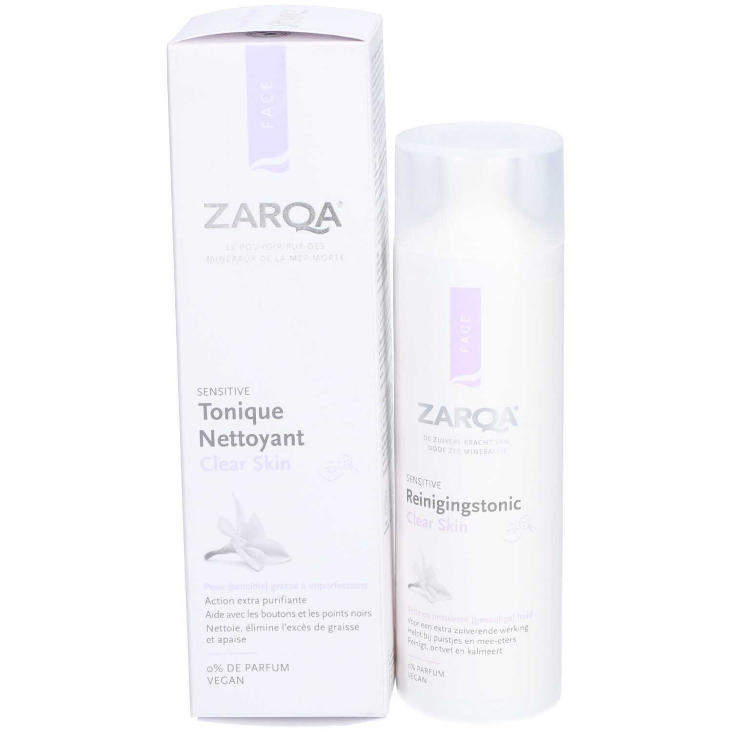 Zarqa Tonic Visage Sensible Clear Skin. Flasche und Verpackung. Lila Etikett, Produktname und Logo.