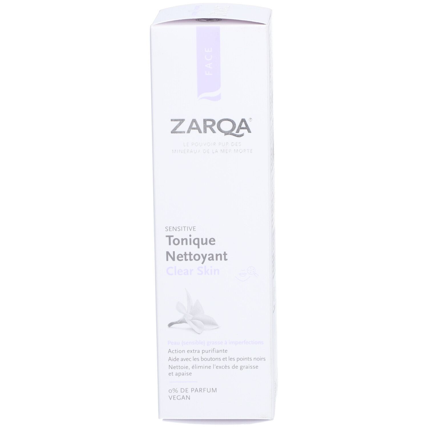 Zarqa Tonic Visage Sensible Clear Skin. Verpackung, lila Etikett. Produktname und Logo sichtbar.