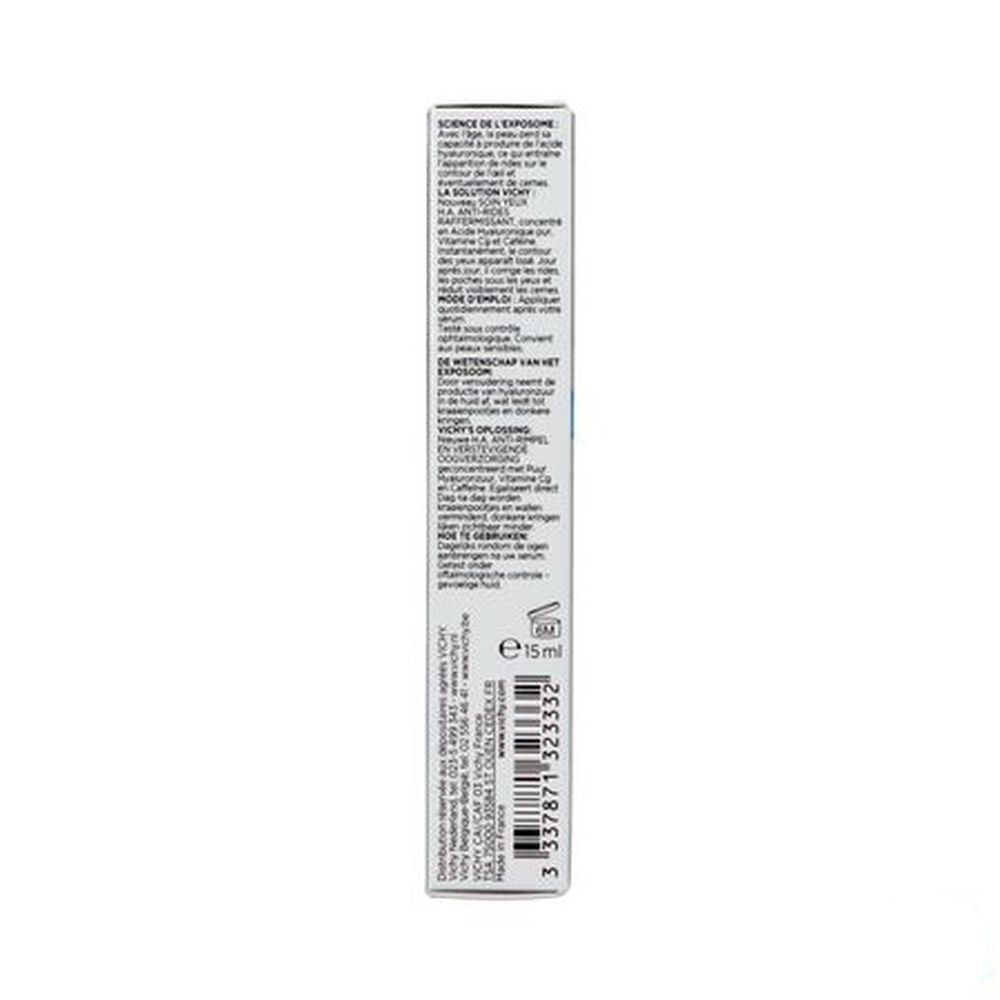 Achterkant van de Vichy Liftactiv oogcrème verpakking. Meertalige tekst. E15 ml. Fabrikant informatie.