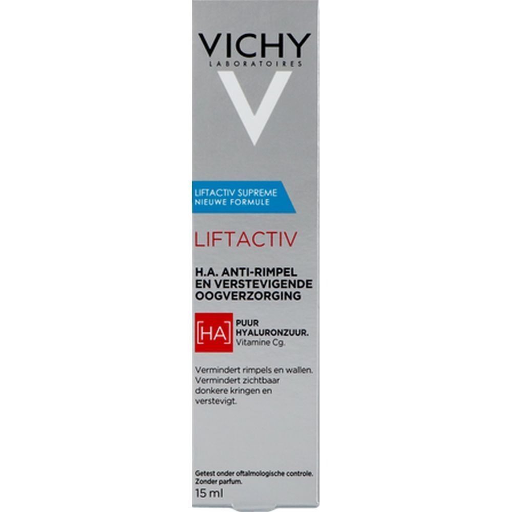 Emballage Vichy Liftactiv pour les yeux. Emballage gris avec nom du produit et ingrédients. 15 ml.