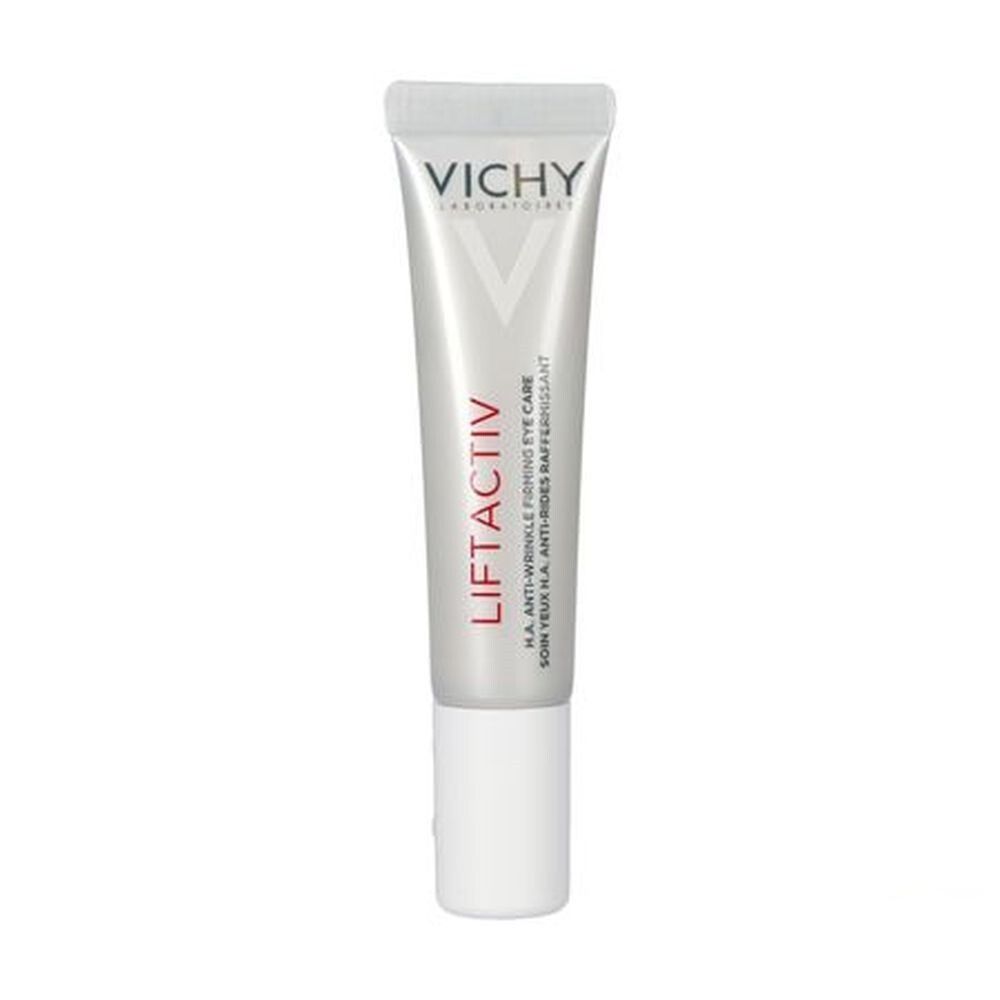 Tube de crème pour les yeux Vichy Liftactiv. Tube gris avec bouchon blanc. Texte : Liftactiv, H.A. Soin anti-rides.