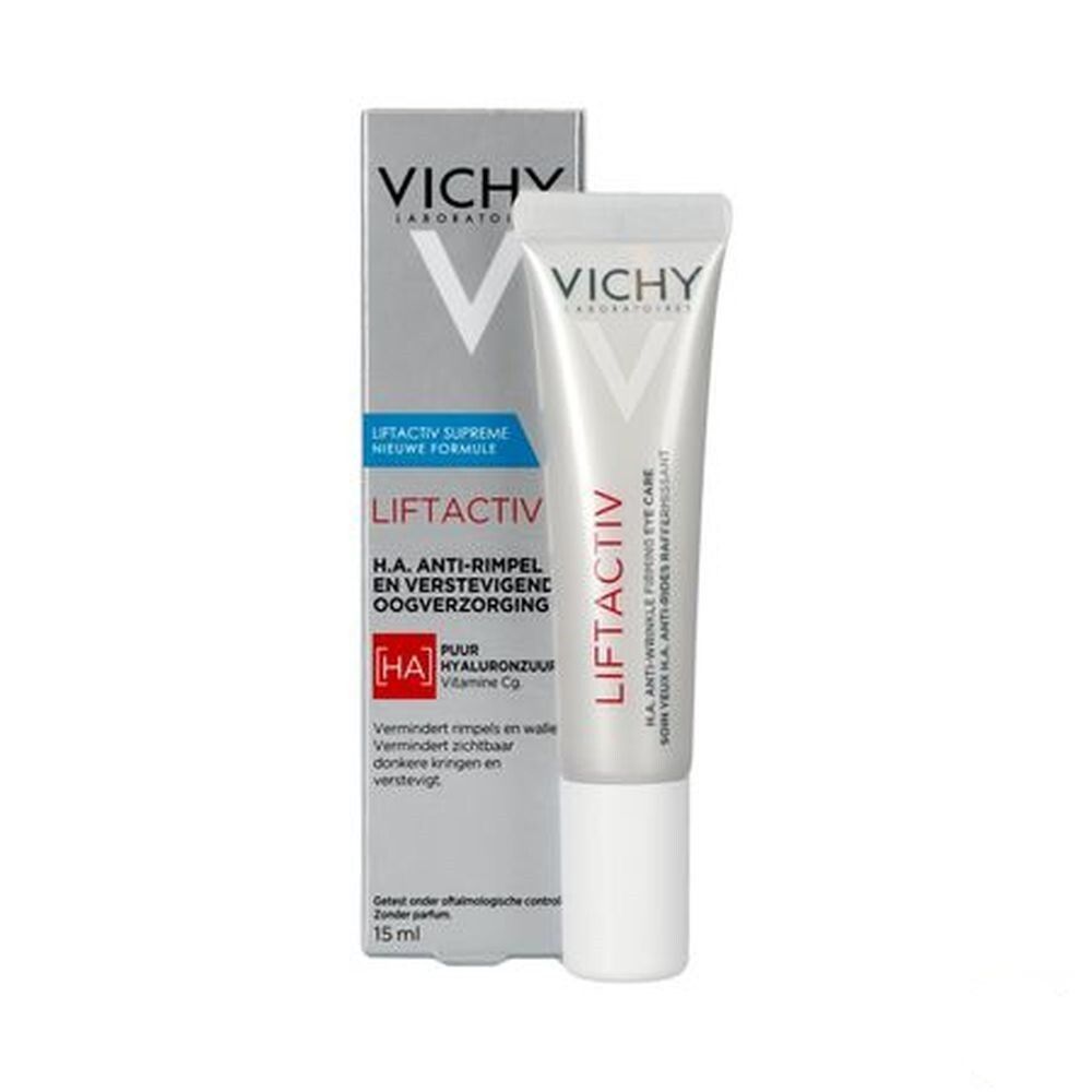Vichy Liftactiv crème pour les yeux et emballage. Tube et boîte côte à côte. Texte : Liftactiv, H.A. Soin anti-rides. 15 ml.
