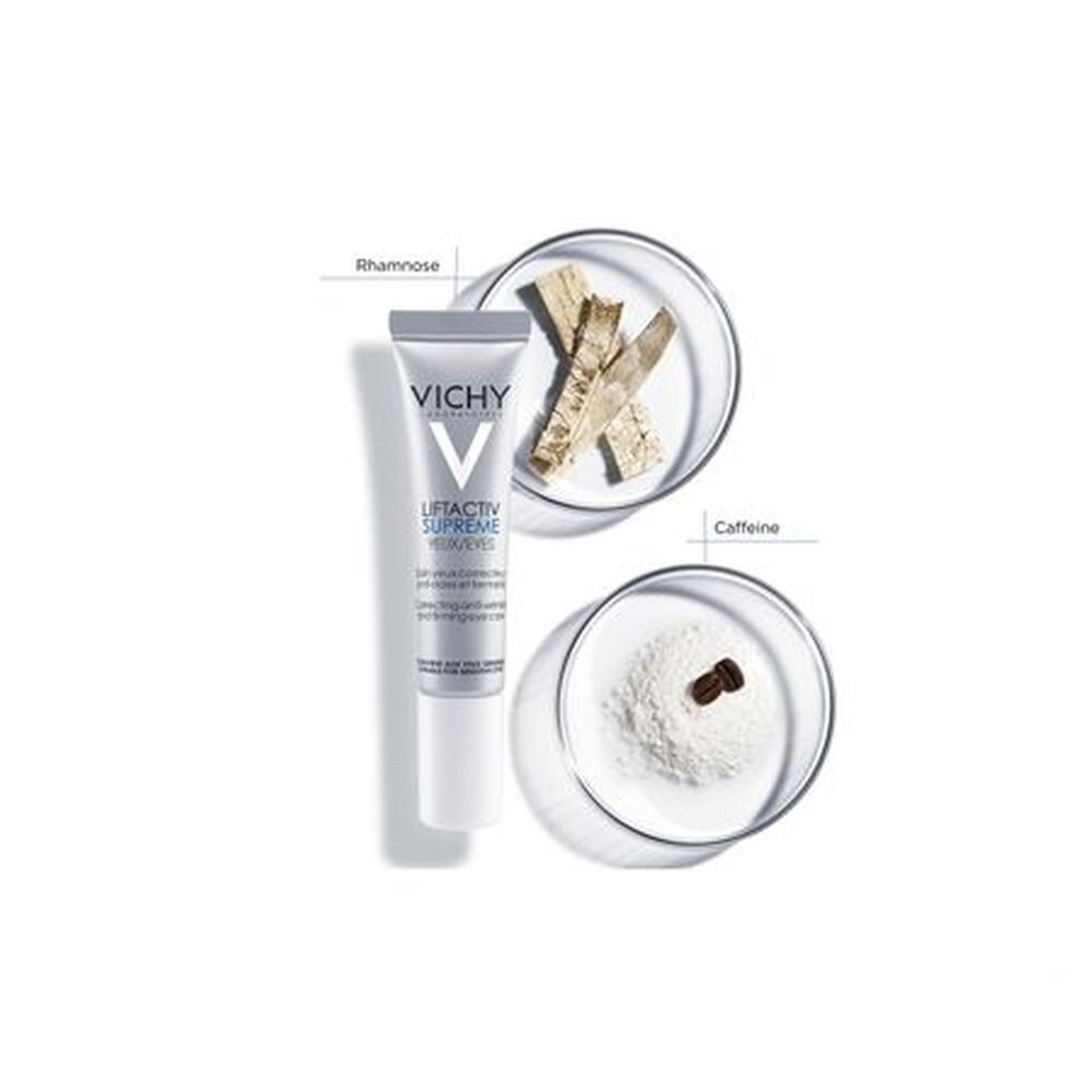 Vichy Liftactiv oogcrème met ingrediënten. Tube, rhamnose, cafeïne. Wetenschappelijke presentatie.