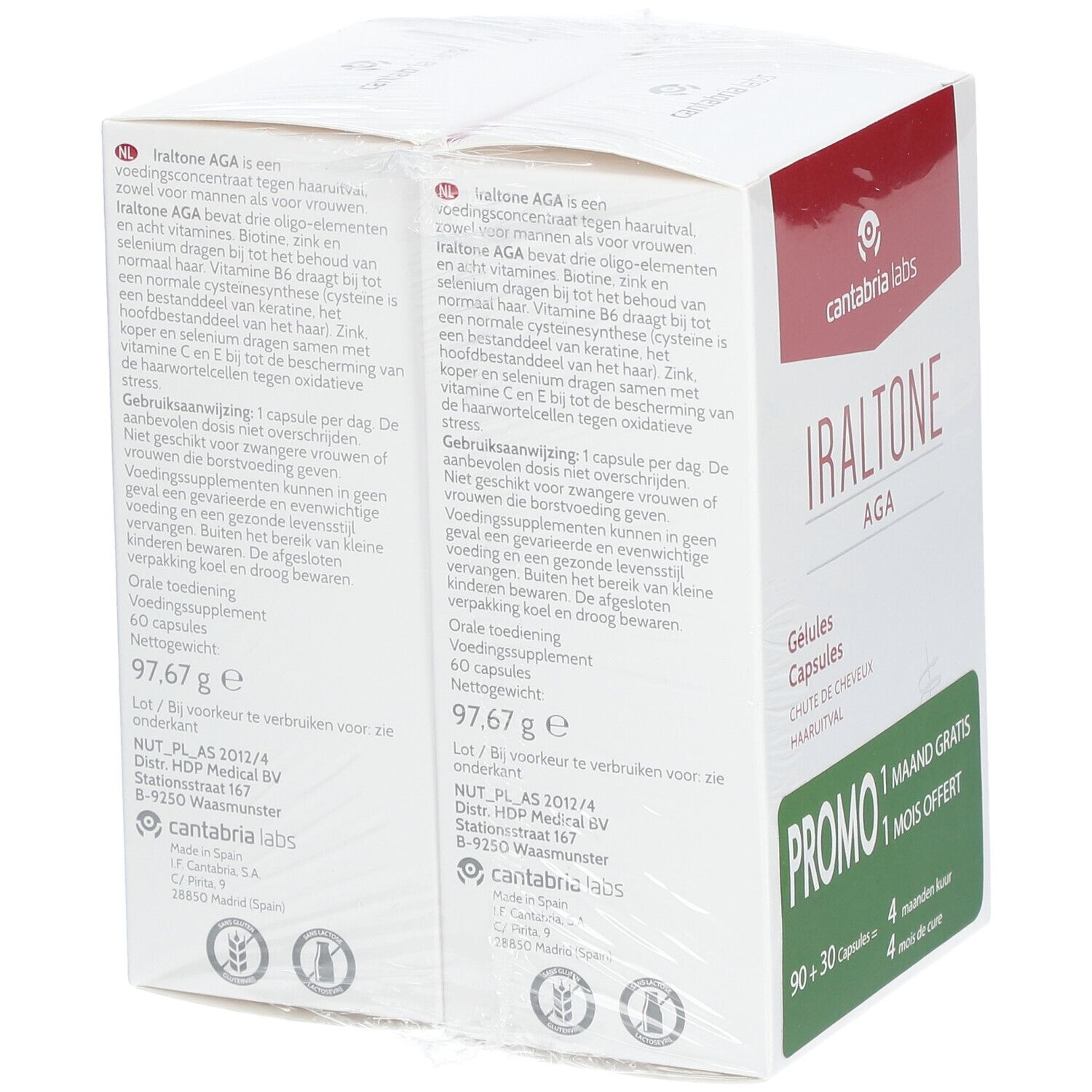 Achterkant van de Iraltone AGA DUO verpakking. Twee dozen in folie. Meertalige tekst. Bevat 60 capsules.