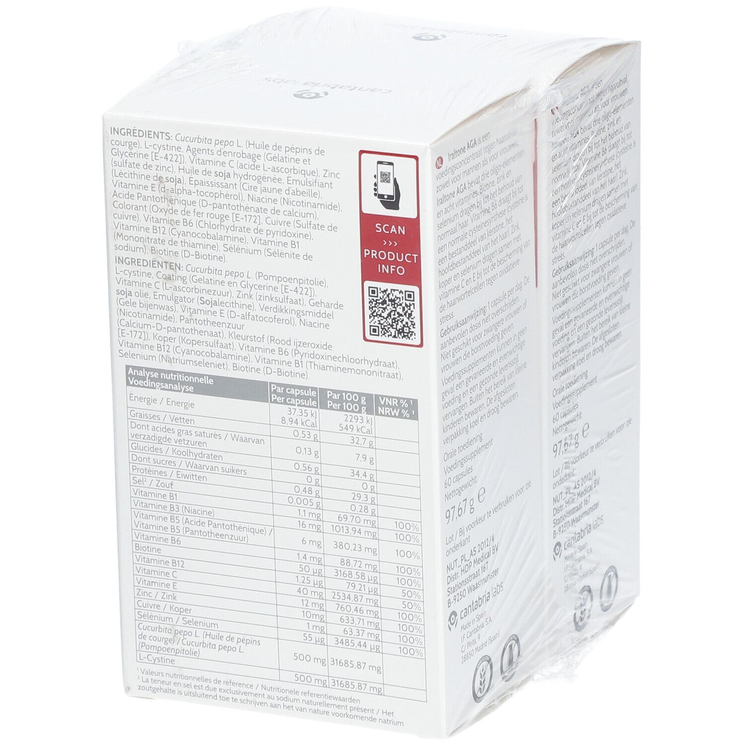 Iraltone AGA DUO verpakking. Bevat ingrediënten en voedingswaarde. QR-code voor productinfo.