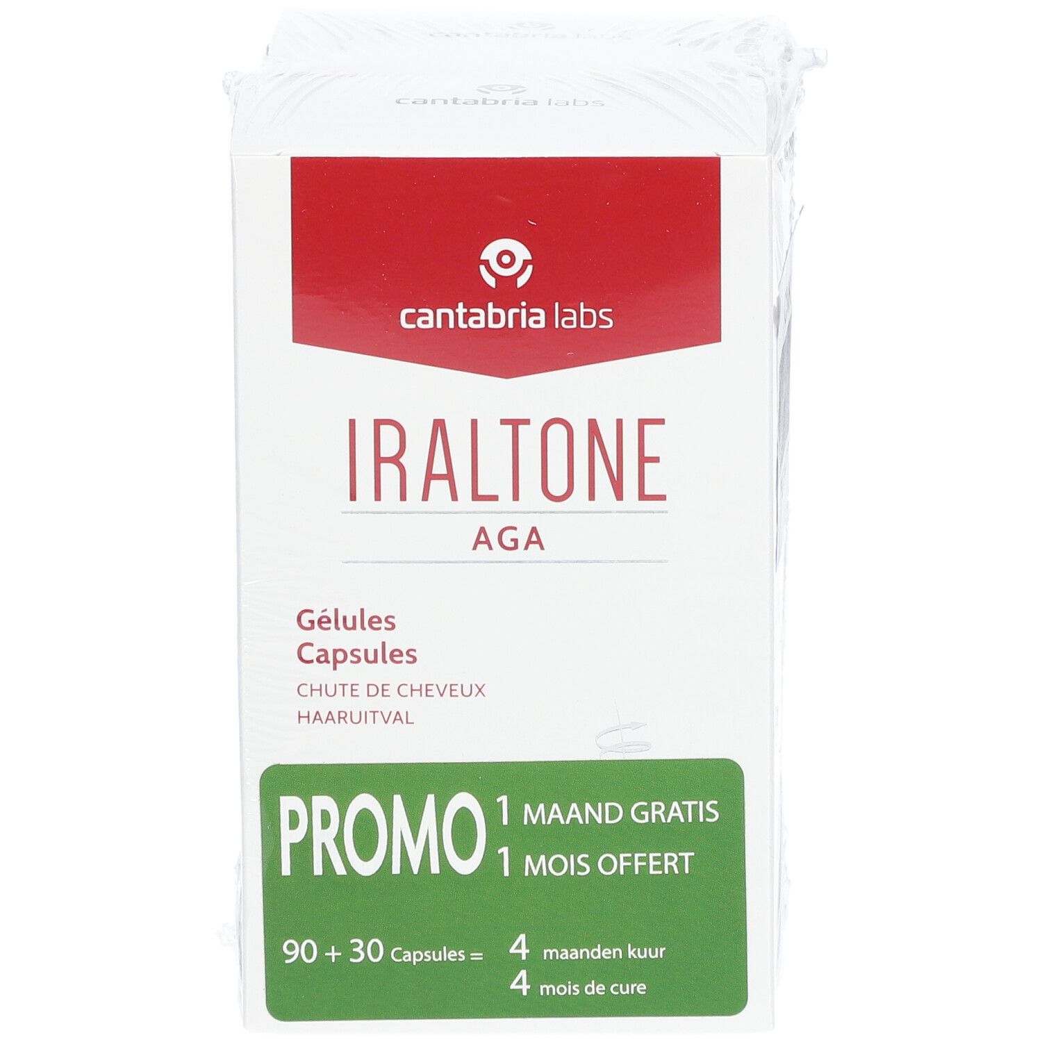 Iraltone AGA DUO verpakking. Witte doos met rode accenten. Bevat capsules. Opschrift: PROMO, 90+30 capsules.