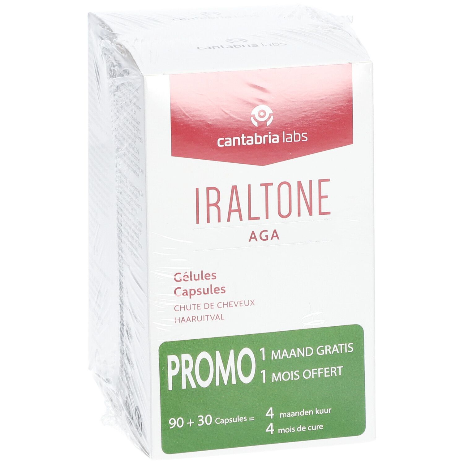 Iraltone AGA DUO verpakking. Witte doos met rode accenten. Bevat capsules. Opschrift: PROMO, 90+30 capsules.