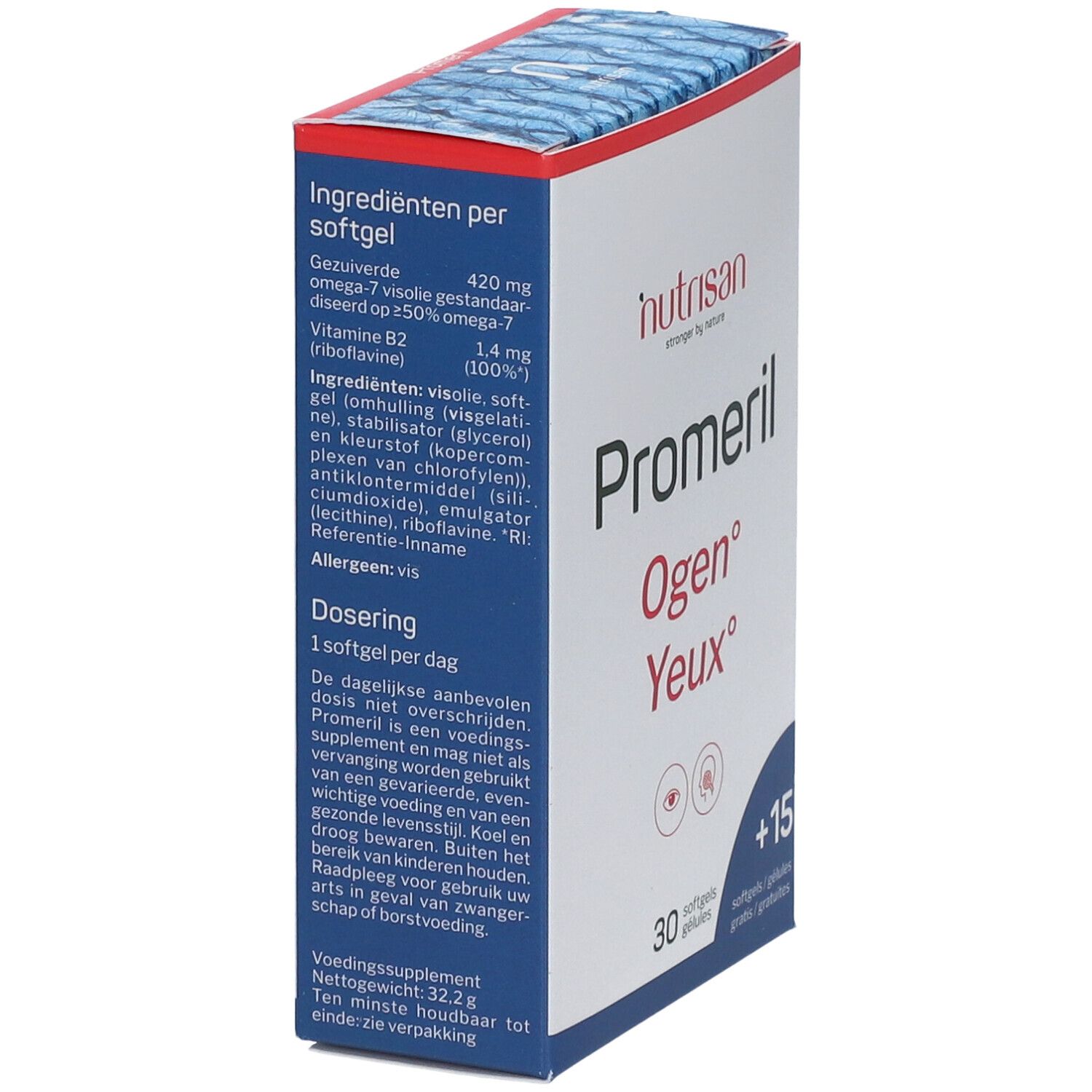 Seitenansicht der Verpackung "Nutrisan Promeril Ogen Yeux". Enthält Informationen zu Inhaltsstoffen und Dosierung. Blau und weiß.