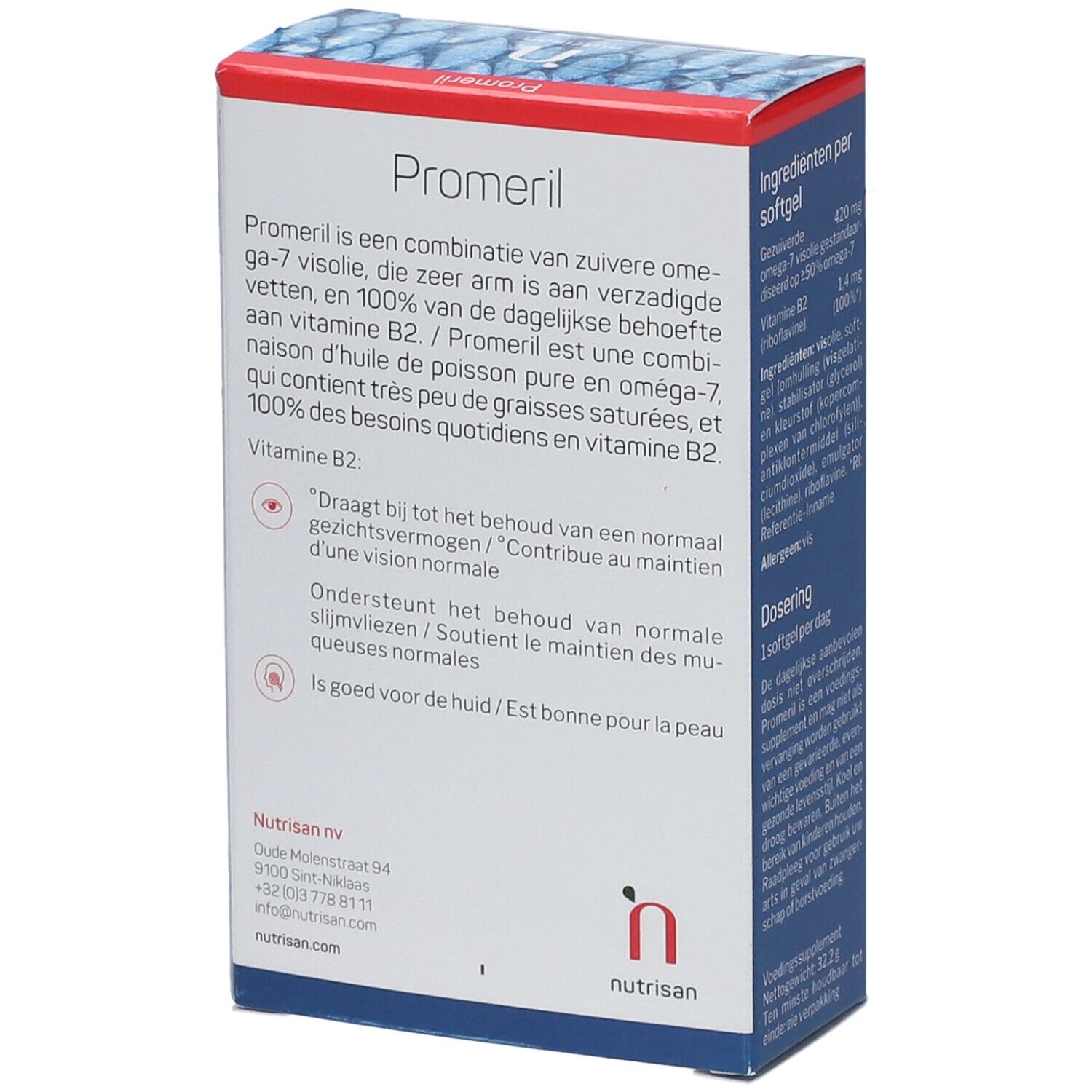 Rückseite der Verpackung "Nutrisan Promeril". Text über die Inhaltsstoffe und Vorteile. Blau und weiß.