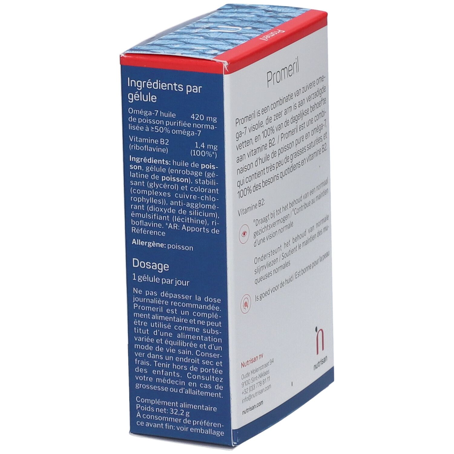 Seitenansicht der Verpackung "Nutrisan Promeril". Enthält Informationen zu Inhaltsstoffen und Dosierung. Blau und weiß.