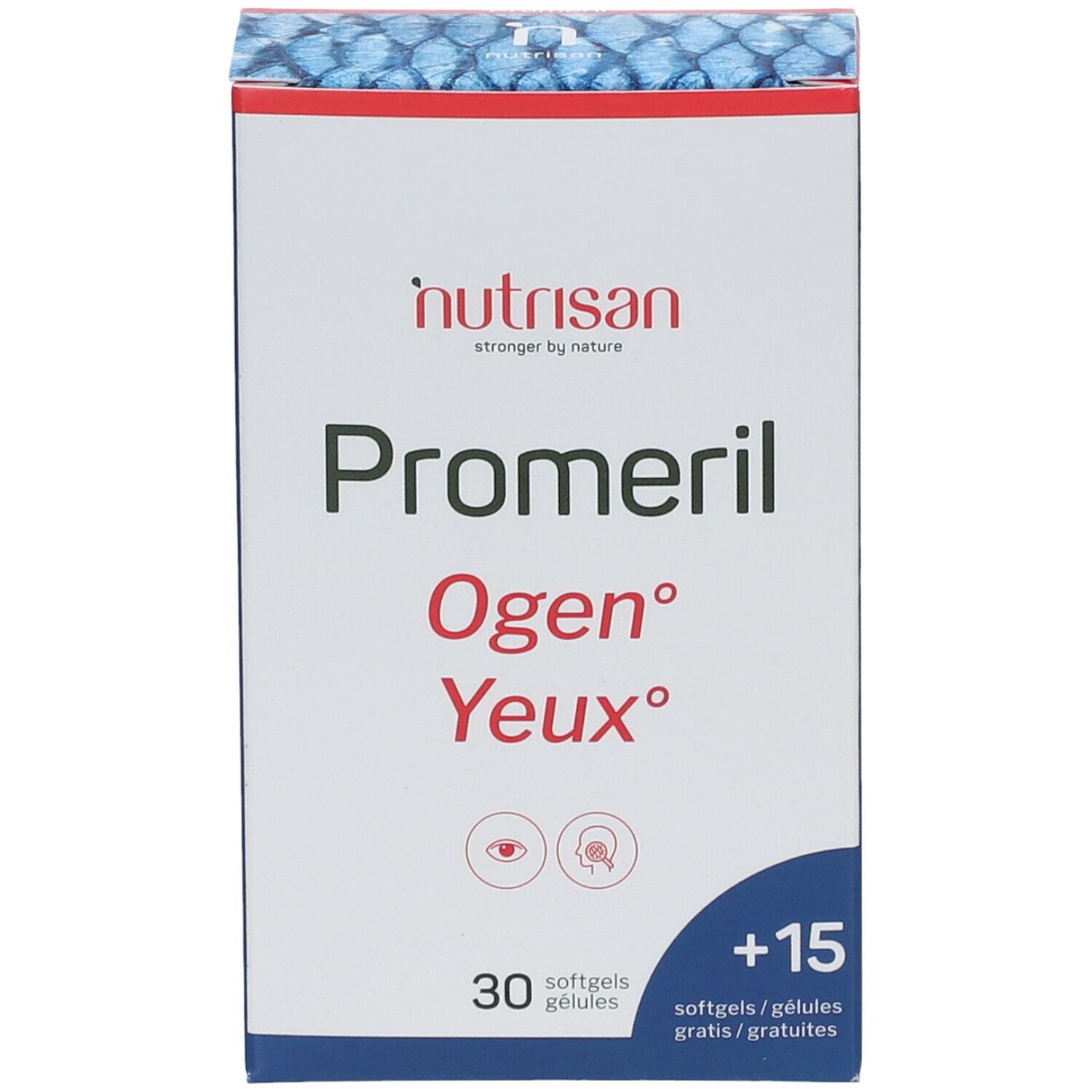 Vorderansicht der Verpackung "Nutrisan Promeril Ogen Yeux". Enthält 30 Softgels + 15 gratis. Blau und weiß.