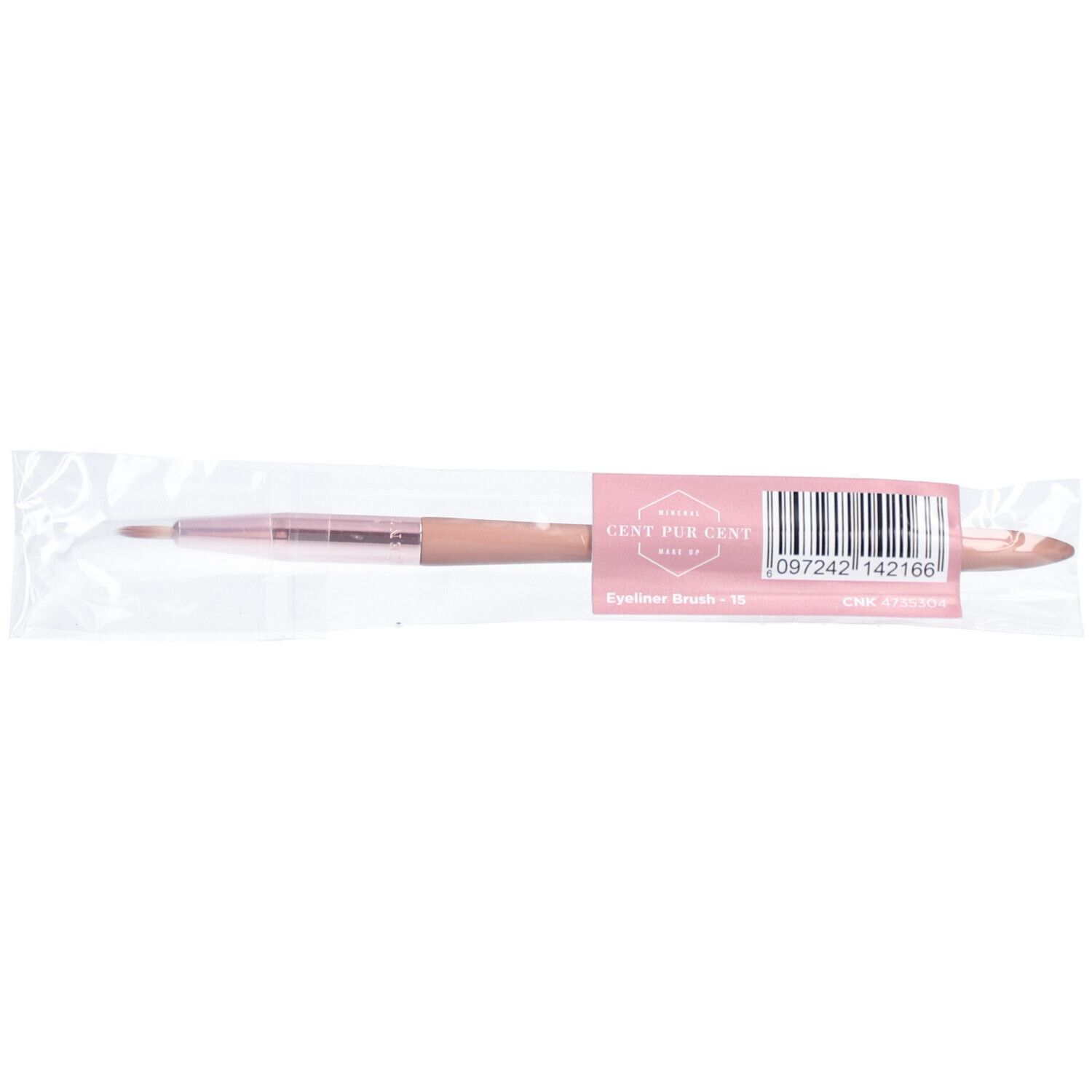 Cent Pur Cent® Eyeliner-Pinsel in Folienverpackung. Rosa Griff, Barcode, Produktbezeichnung.