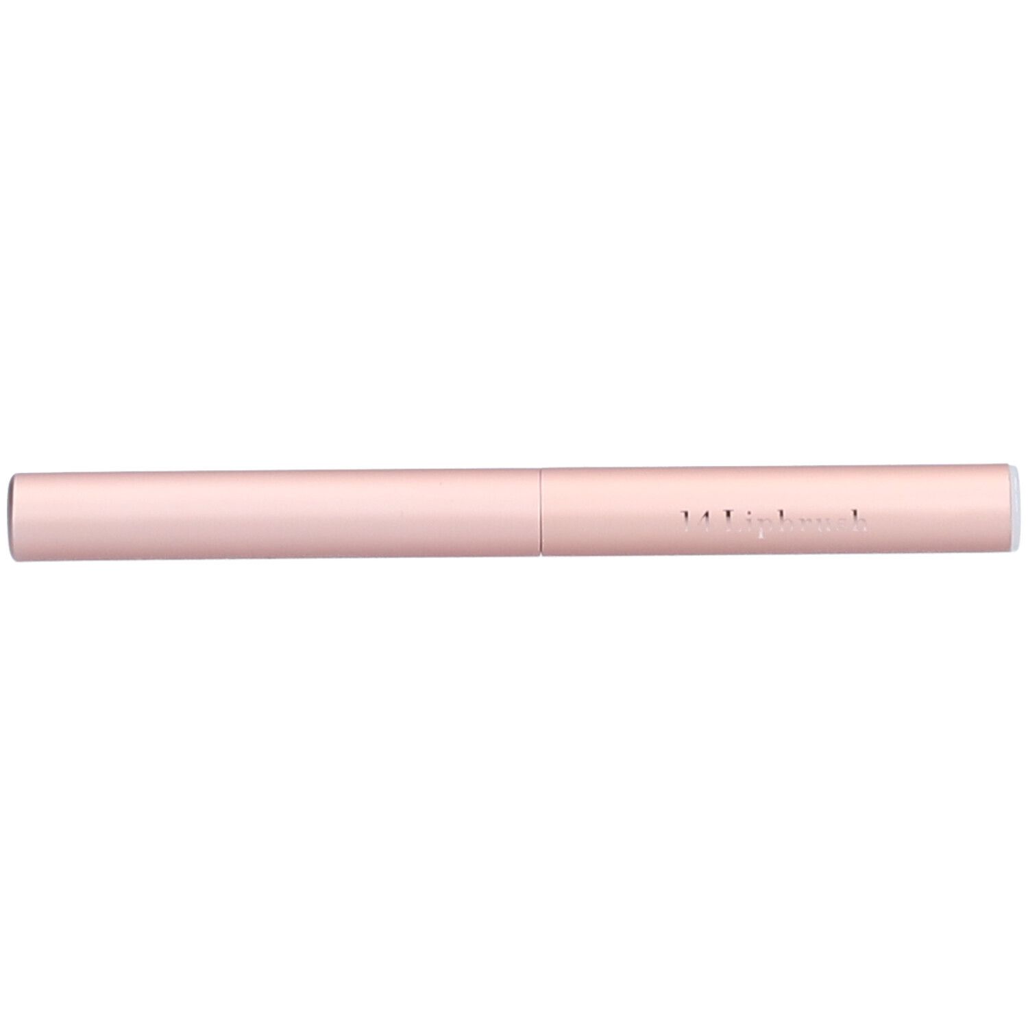 Geschlossener Lippenpinsel in Roségold. Zylindrische Form mit weißem Ende. Kleiner Schriftzug.