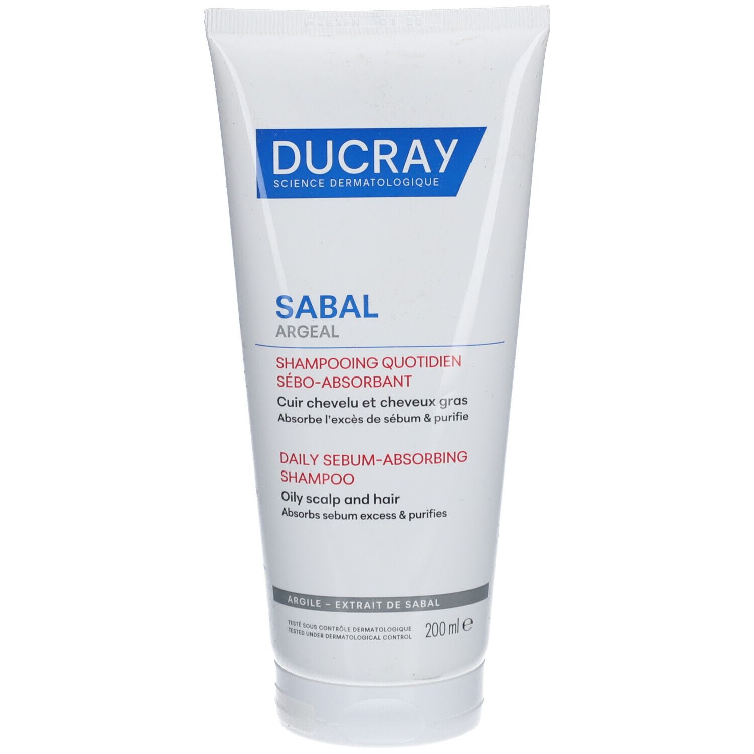 Weißes Shampoo-Tube mit blauer Aufschrift "DUCRAY". Produktname: Sabal Argeal. Text auf Französisch und Englisch.