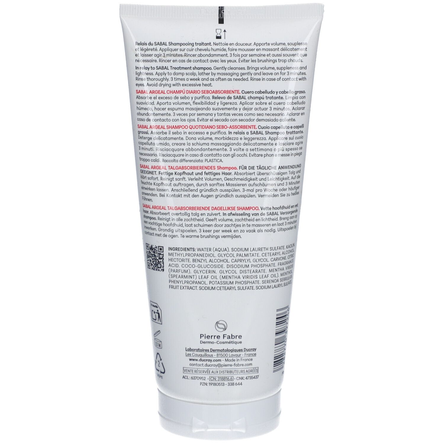 Rückseite der weißen Shampoo-Tube. Text in mehreren Sprachen. Herstellerlogo "Pierre Fabre".