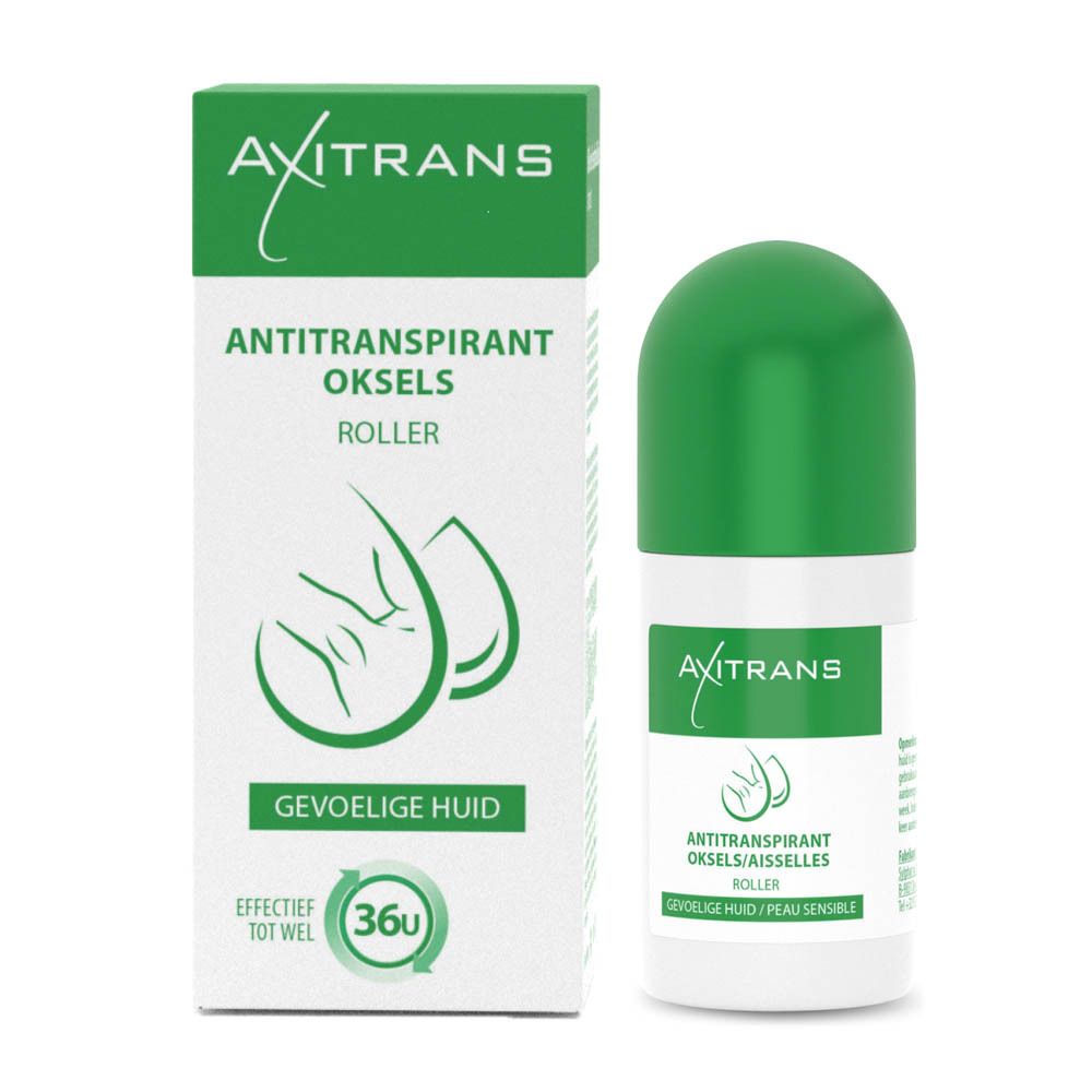 Roll-on antitranspirant et emballage. Texte : Axitrans, Antitranspirant oksels, gevoelige huid, 36u.