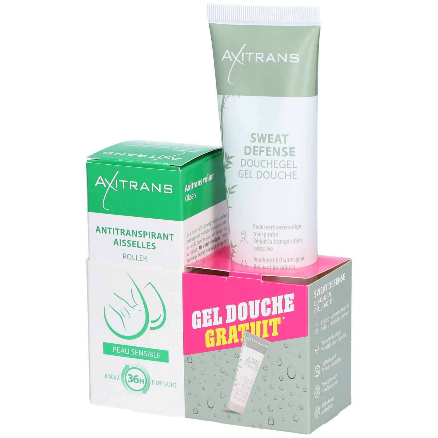 Trois produits : roller antitranspirant, gel douche et tube. Texte : Axitrans, Sweat Defense, Gel Douche GRATUIT.
