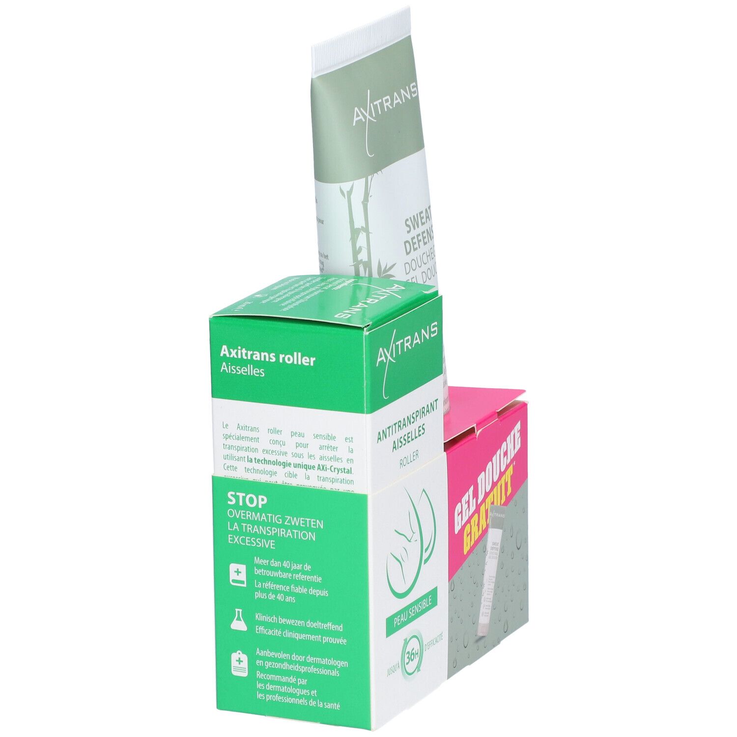 Trois produits : roller antitranspirant, gel douche et tube. Texte : Axitrans, Stop overmatig zweten, Gel Douche GRATUIT.
